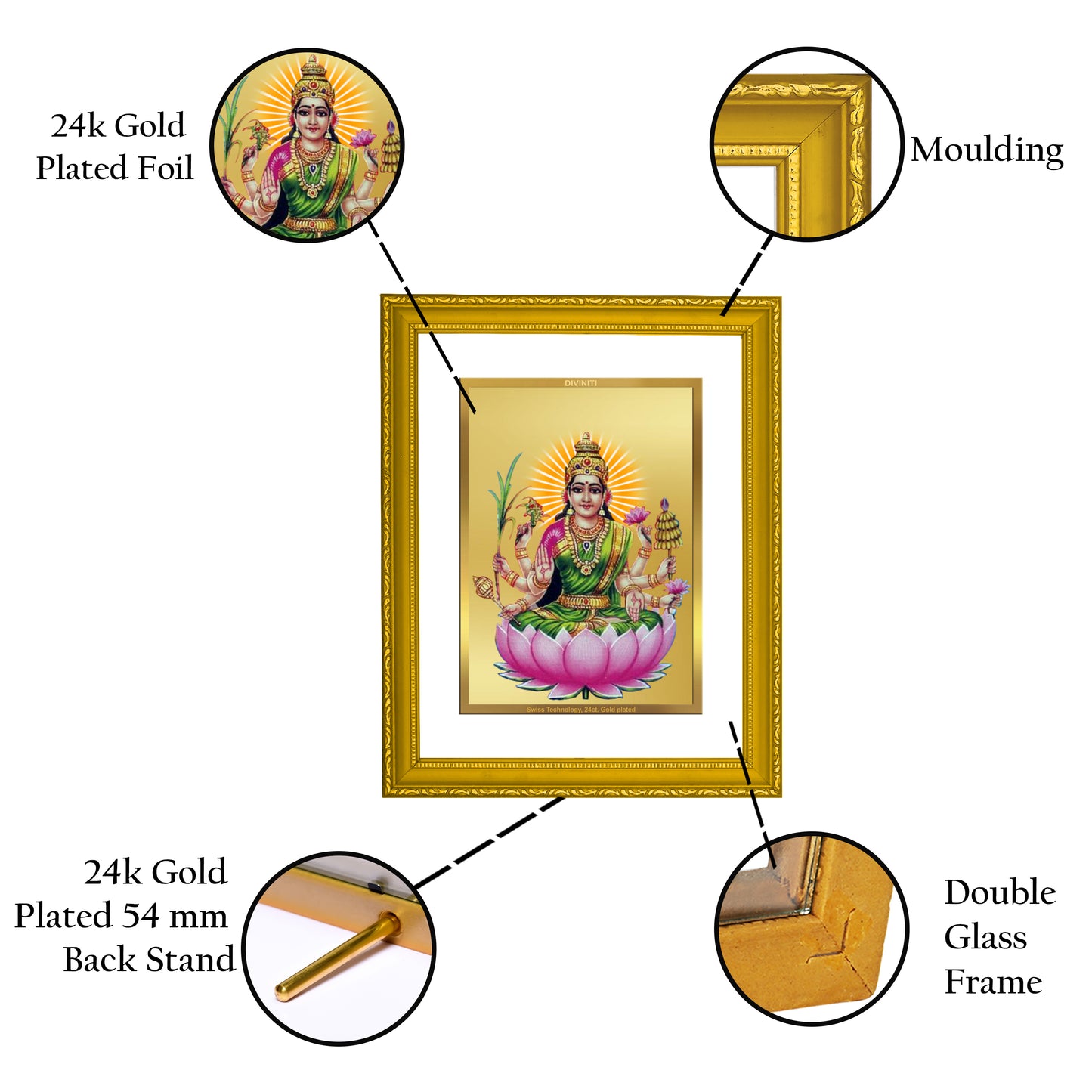 DIVINITI 24K Gold Plated Foil Dhanya Lakshmi Photo Frame Idol for Wall Hanging, Puja Room, Home Decor, Luxurious Gift|DG101 Size 2 (22.6x18.4 CM)