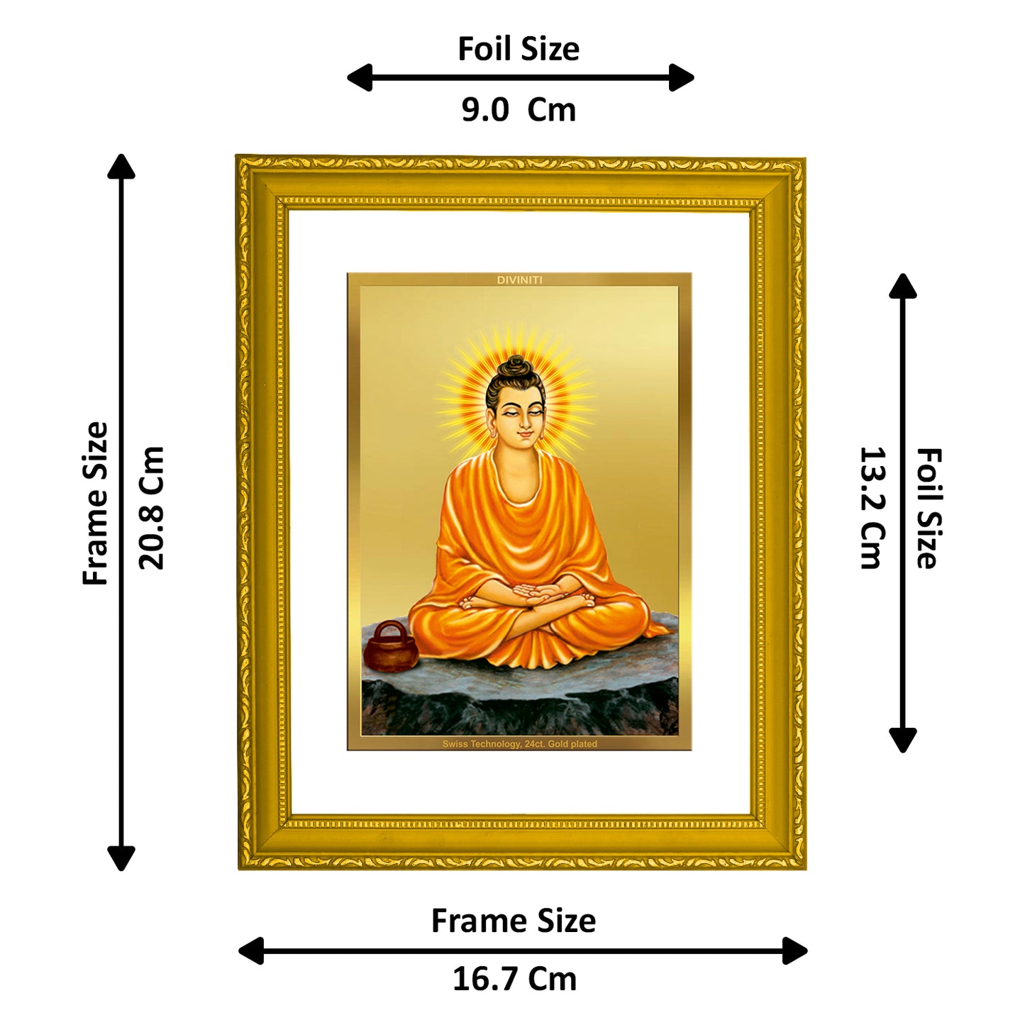 DIVINITI 24K Gold Plated Foil Lord Buddha Wooden Photo Frame Idol for Home Decor, Prayer, Workshop, Prayer, Gift | DG101 Size 2 (22.6x18.4 CM)