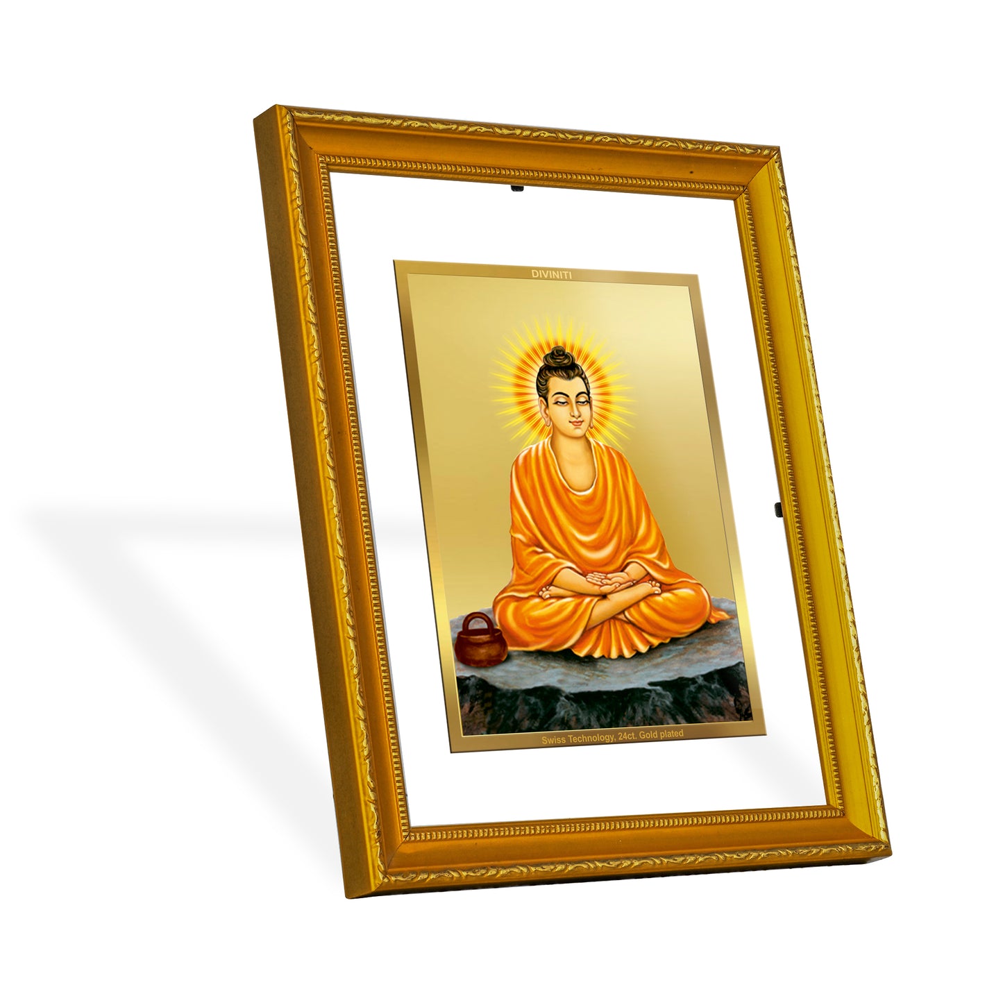 DIVINITI 24K Gold Plated Foil Lord Buddha Wooden Photo Frame Idol for Home Decor, Prayer, Workshop, Prayer, Gift | DG101 Size 2 (22.6x18.4 CM)