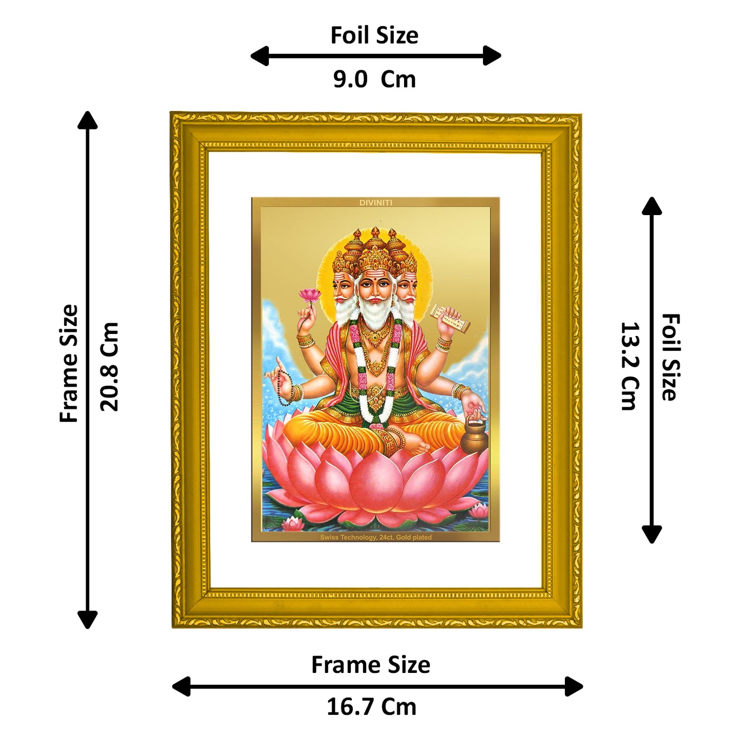 DIVINITI 24K Gold Plated Foil Lord Brahma Wooden Elegant Photo Frame Idol for Prayer, Workshop, Wall Hanging, Home Decor, Gift | DG101 Size 2 (22.6x18.4 CM)