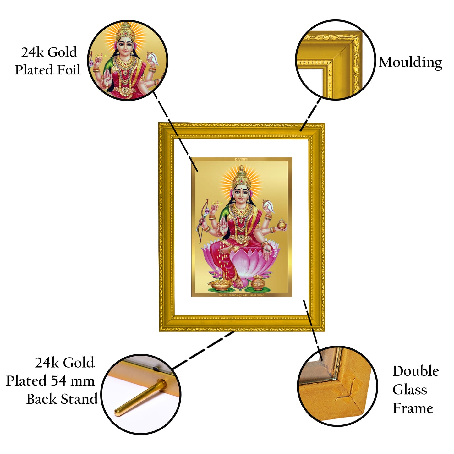 DIVINITI 24K Gold Plated Foil Goddess Dhan Lakshmi Wooden Luxurious Photo Frame Idol for Puja Room, Home Decor, Wall Hanging, Gift | DG101 Size 2 (22.6x18.4 CM)