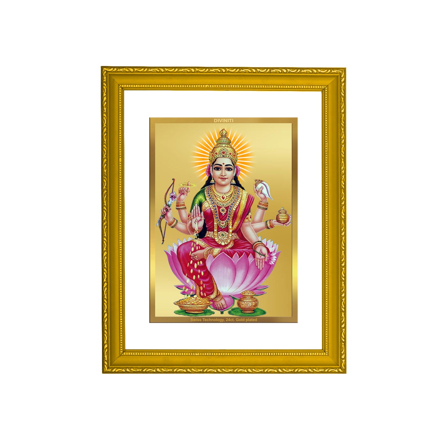 DIVINITI 24K Gold Plated Foil Goddess Dhan Lakshmi Wooden Luxurious Photo Frame Idol for Puja Room, Home Decor, Wall Hanging, Gift | DG101 Size 2 (22.6x18.4 CM)