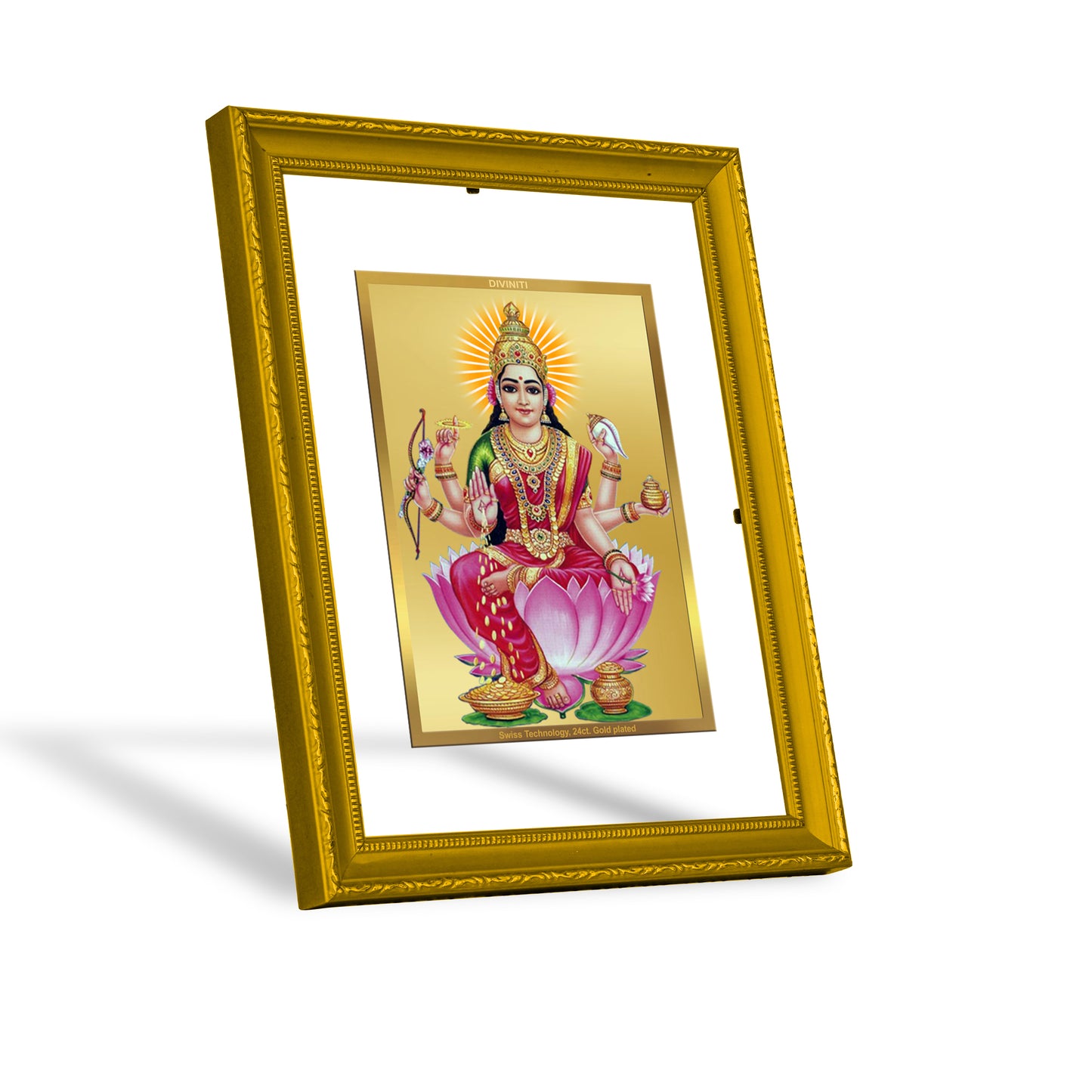 DIVINITI 24K Gold Plated Foil Goddess Dhan Lakshmi Wooden Luxurious Photo Frame Idol for Puja Room, Home Decor, Wall Hanging, Gift | DG101 Size 2 (22.6x18.4 CM)