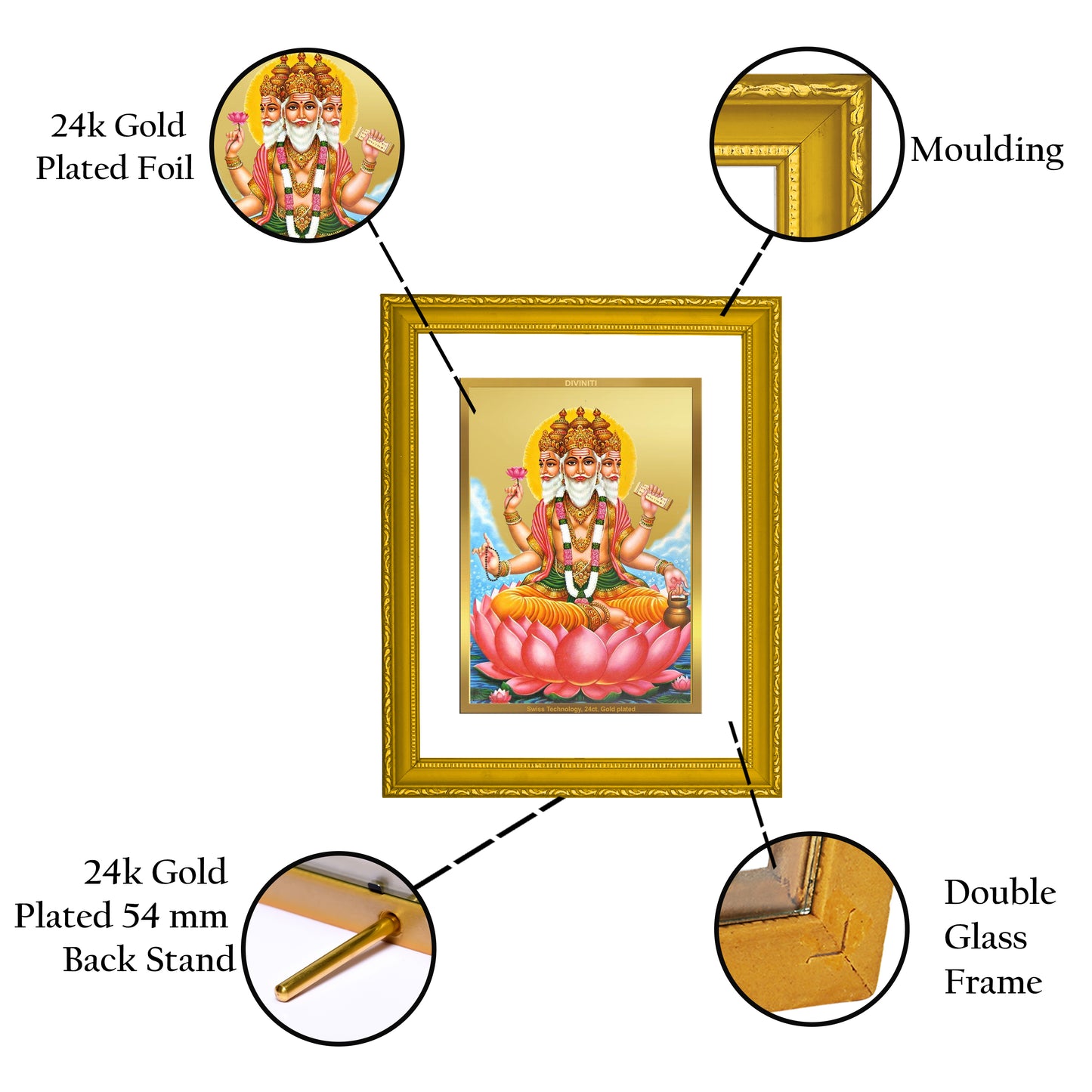 DIVINITI 24K Gold Plated Foil Lord Brahma Wooden Elegant Photo Frame Idol for Prayer, Workshop, Wall Hanging, Home Decor, Gift | DG101 Size 2 (22.6x18.4 CM)