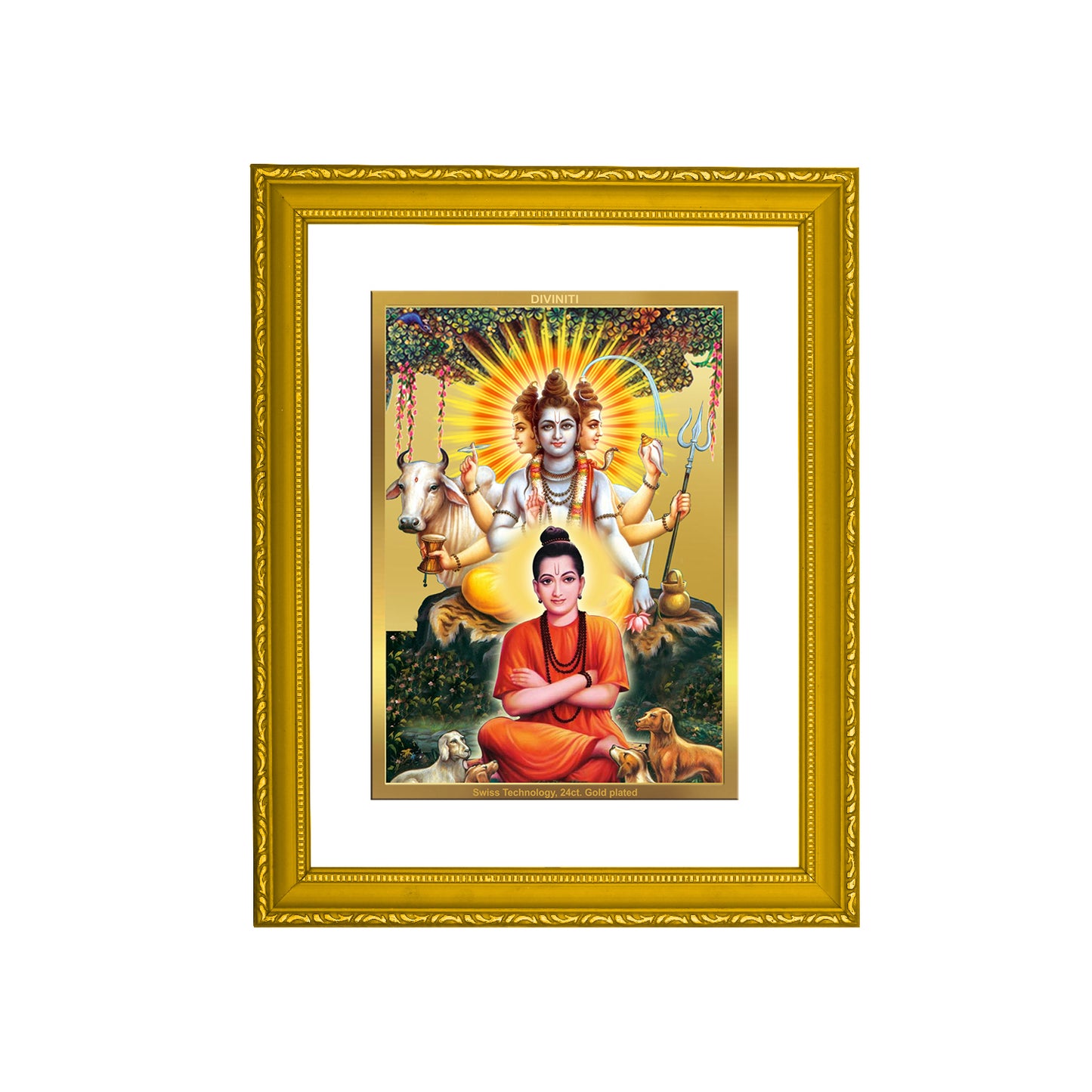 DIVINITI 24K Gold Plated Foil Dattatreya Stylish Photo Frame Idol for Home Decor, Workshop, Wall Hanging, Luxury Gift|DG101 Size 2 (22.6x18.4 CM)