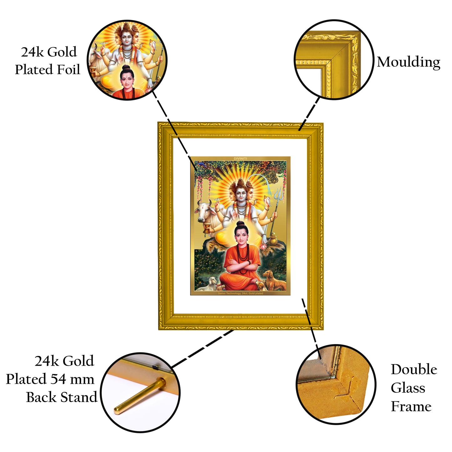 DIVINITI 24K Gold Plated Foil Dattatreya Stylish Photo Frame Idol for Home Decor, Workshop, Wall Hanging, Luxury Gift|DG101 Size 2 (22.6x18.4 CM)