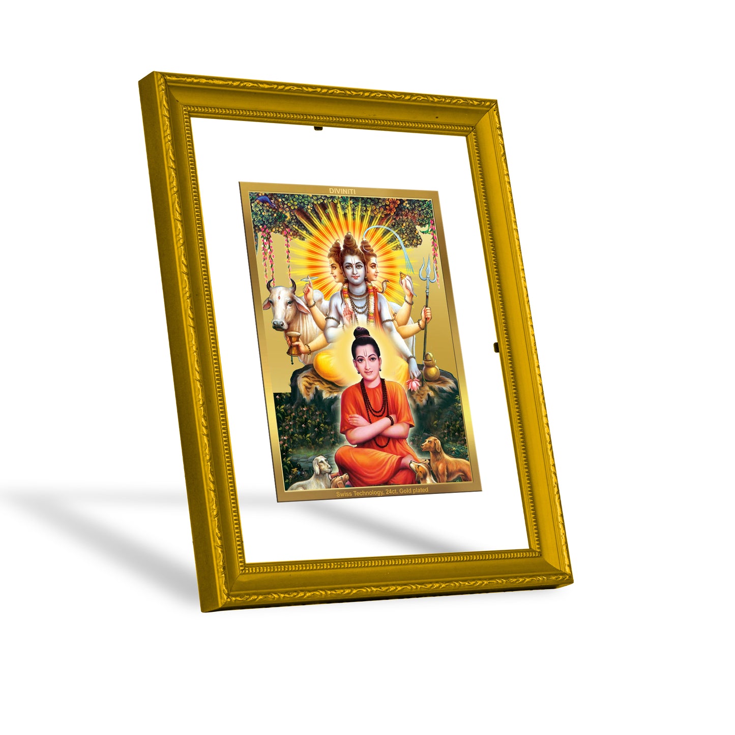 DIVINITI 24K Gold Plated Foil Dattatreya Stylish Photo Frame Idol for Home Decor, Workshop, Wall Hanging, Luxury Gift|DG101 Size 2 (22.6x18.4 CM)