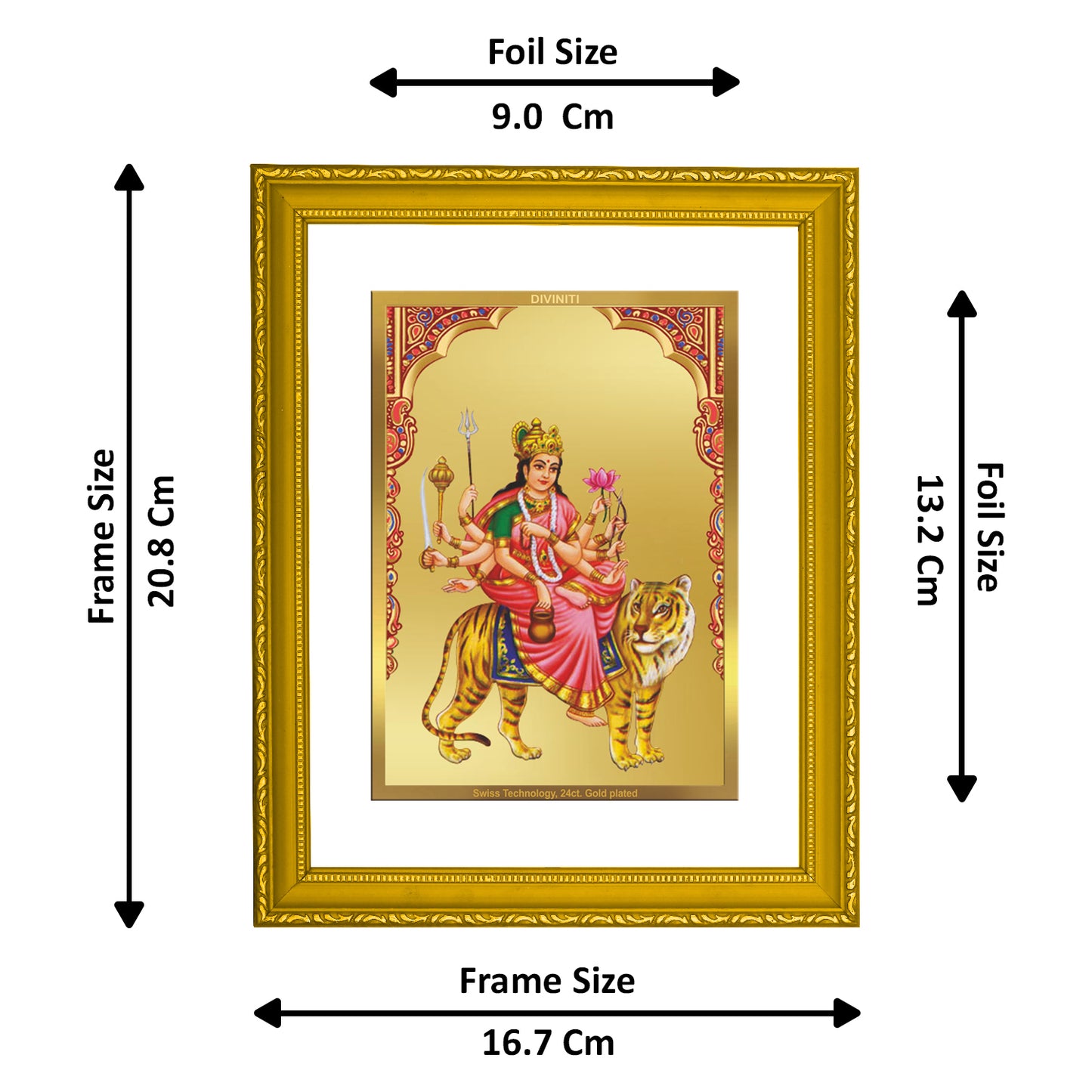 DIVINITI 24K Gold Plated Kushmanda Mata Wooden Photo Frame Idol for Home & Office Wall Decor, Workshop, Table Top, Premium Gift | DG113 Size 2 (22.6x18.4 CM)