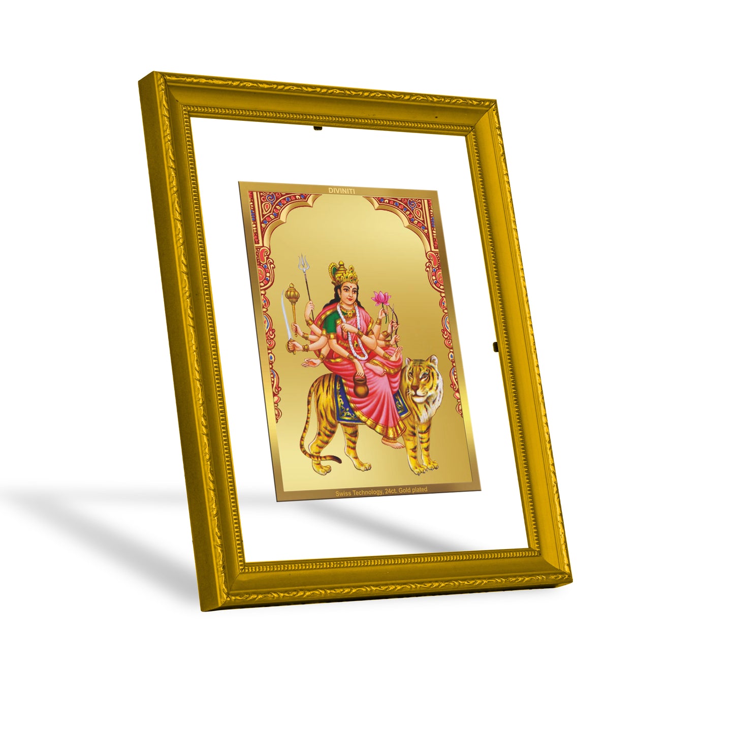 DIVINITI 24K Gold Plated Kushmanda Mata Wooden Photo Frame Idol for Home & Office Wall Decor, Workshop, Table Top, Premium Gift | DG113 Size 2 (22.6x18.4 CM)