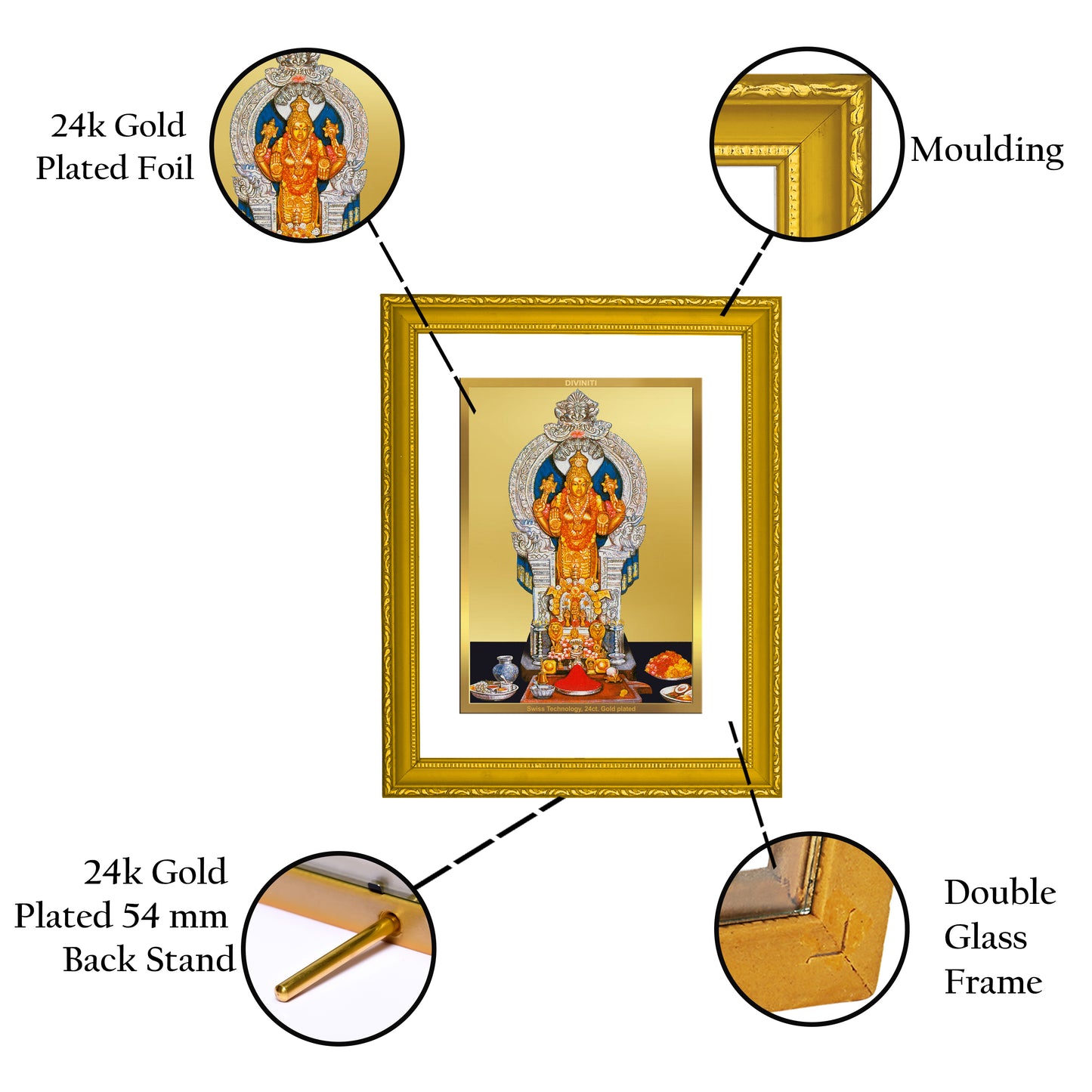 DIVINITI 24K Gold Plated Foil Goddess Annapoorna Classic Photo Frame Idol for Puja Room, Wall Hanging, Luxury Gift|DG101 Size 2 (22.6x18.4 CM)