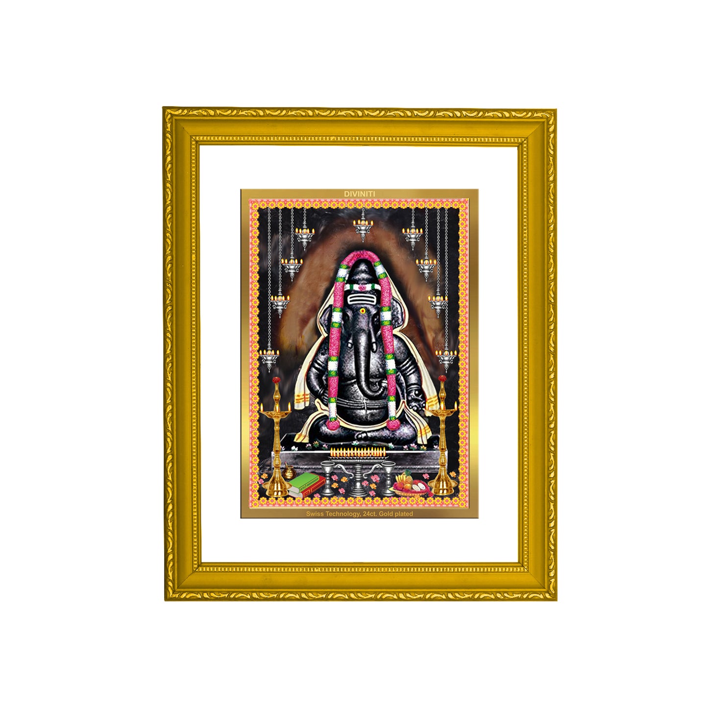 DIVINITI 24K Gold Plated Foil Ayyappan Vinayagar Wooden Wall Photo Frame Idol for Puja Room, Home & Office Decor, Workshop, Gift | DG101 Size 2 (22.6x18.4 CM)