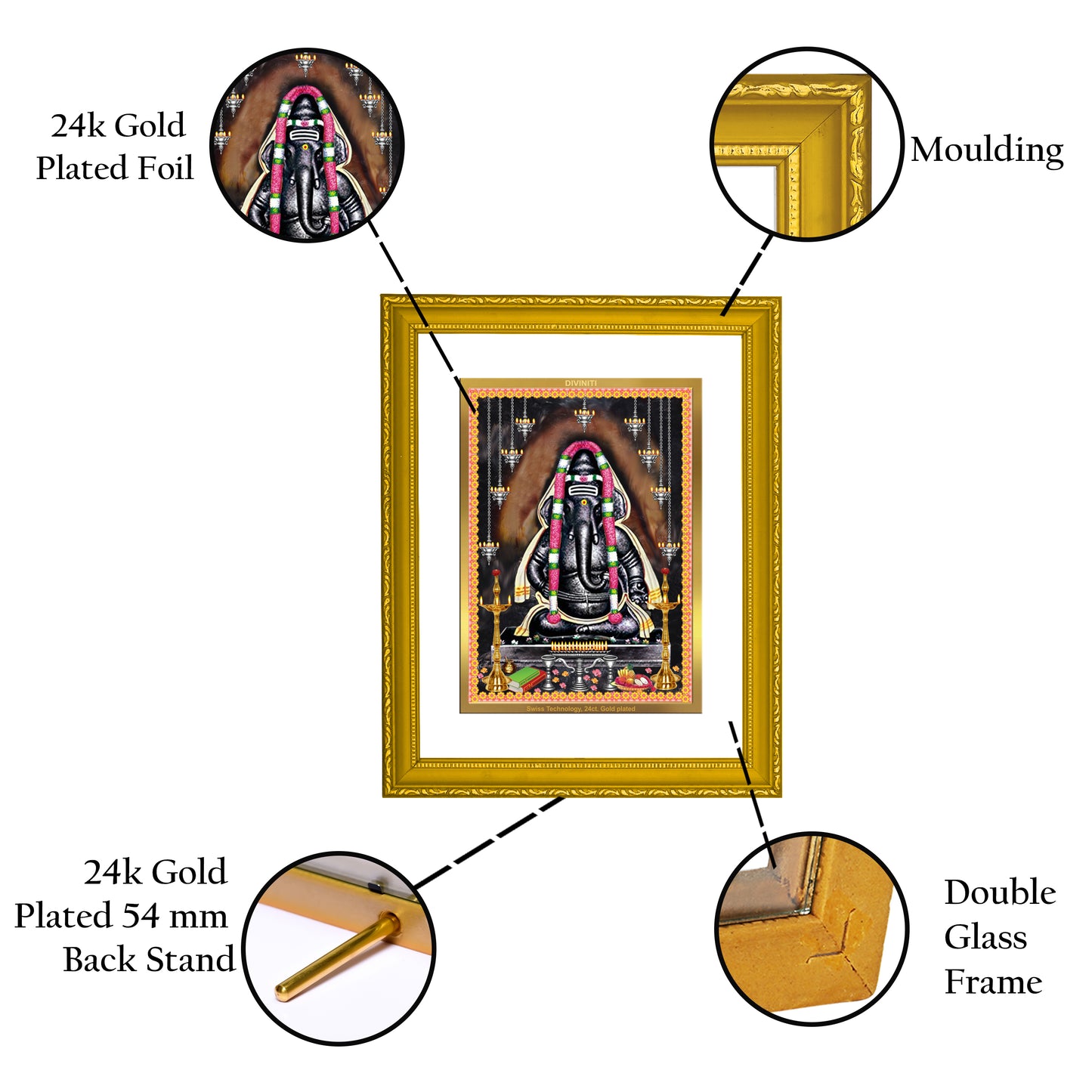 DIVINITI 24K Gold Plated Foil Ayyappan Vinayagar Wooden Wall Photo Frame Idol for Puja Room, Home & Office Decor, Workshop, Gift | DG101 Size 2 (22.6x18.4 CM)