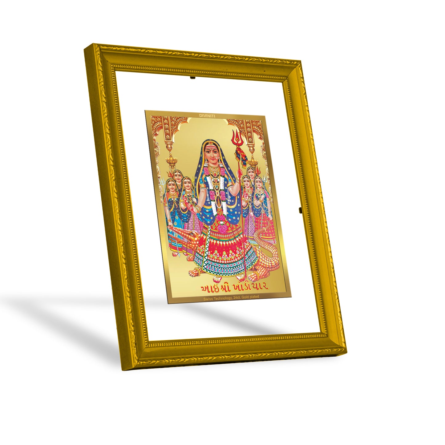 DIVINITI 24K Gold Plated Khodiyar Mata Wooden Modern Photo Frame Idol for Puja Room, Home Wall Decor, Workshop, Table Top, Premium Gift | DG101 Size 2 (22.6x18.4 CM)