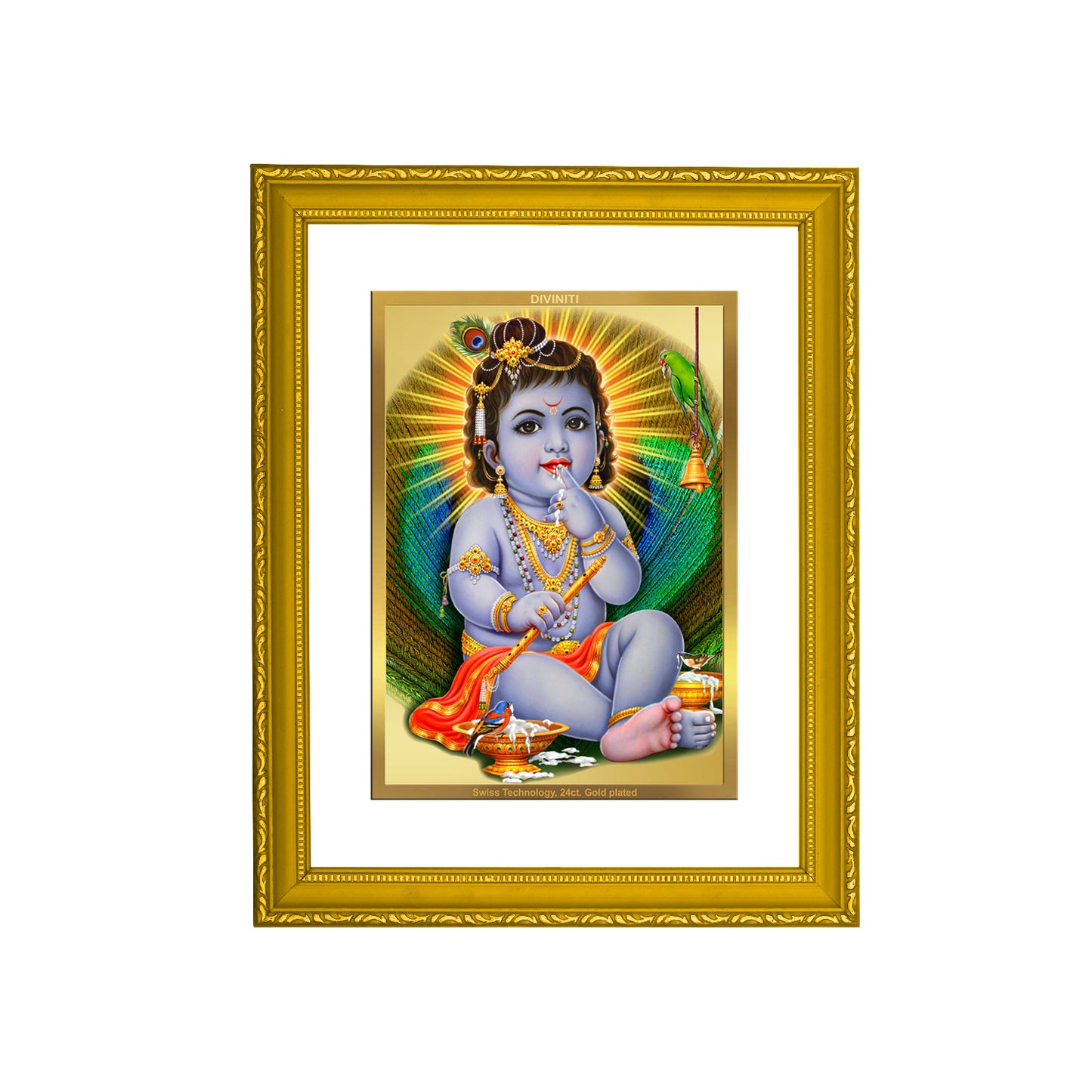 DIVINITI 24K Gold Plated Foil Bal Gopal Luxurious Photo Frame Idol for Wall Hanging, Home Decor, Prayer, Workshop, Premium Gift|DG101 Size 2 (22.6x18.4 CM)