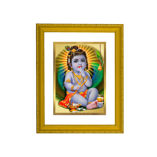 DIVINITI 24K Gold Plated Foil Bal Gopal Wooden Luxurious Photo Frame Idol for Wall Hanging, Home Decor, Prayer, Workshop, Premium Gift | DG101 Size 2 (22.6x18.4 CM)