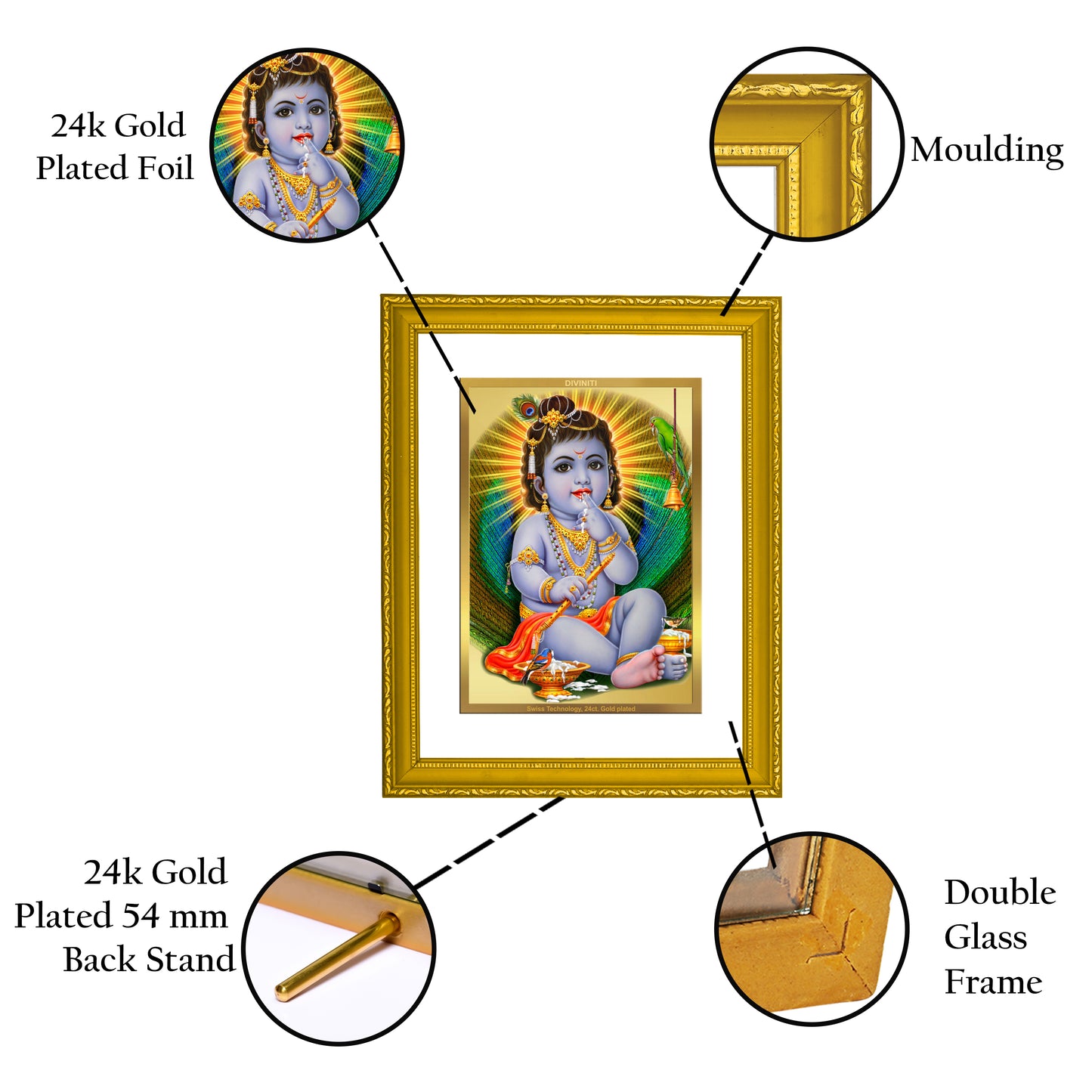 DIVINITI 24K Gold Plated Foil Bal Gopal Luxurious Photo Frame Idol for Wall Hanging, Home Decor, Prayer, Workshop, Premium Gift|DG101 Size 2 (22.6x18.4 CM)