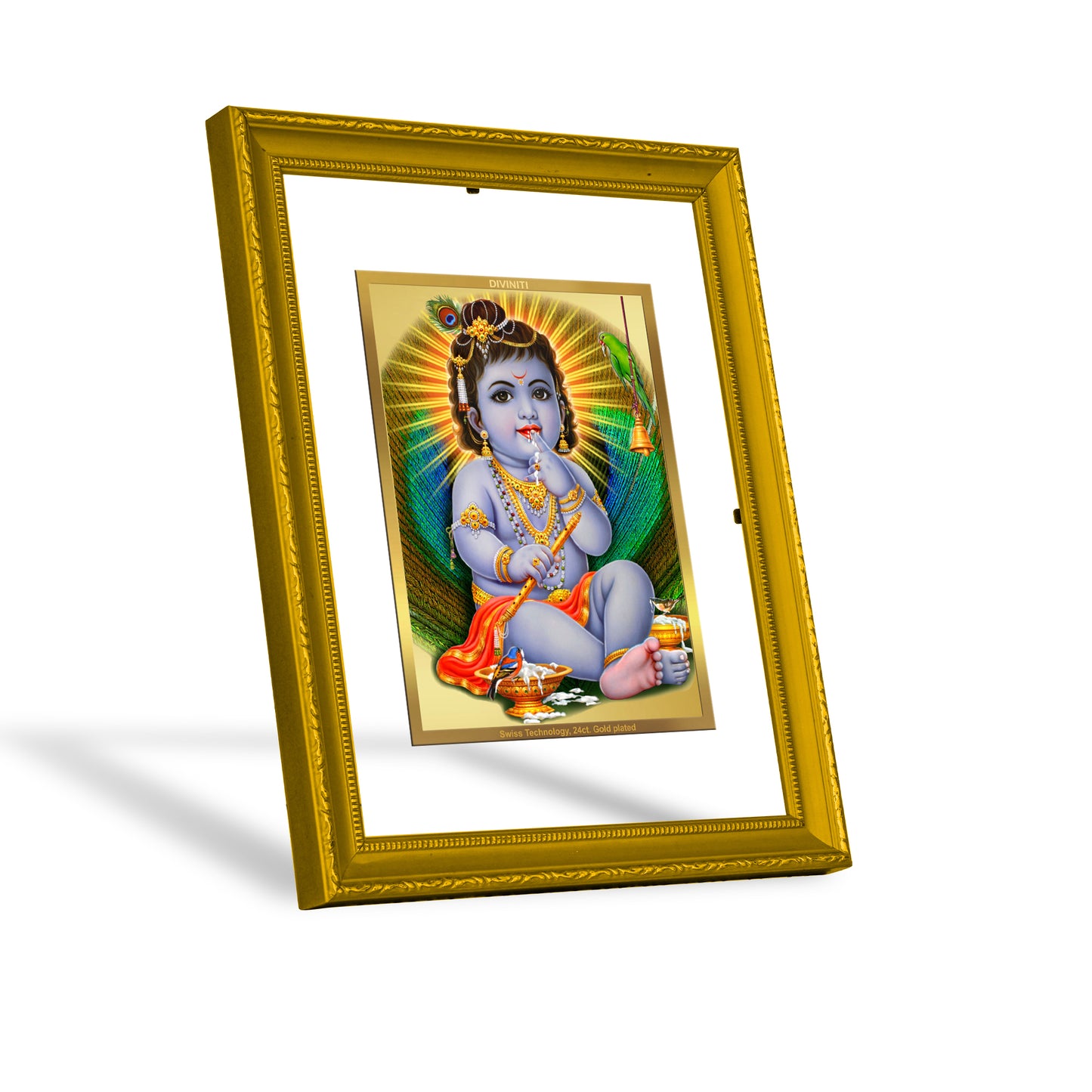 DIVINITI 24K Gold Plated Foil Bal Gopal Luxurious Photo Frame Idol for Wall Hanging, Home Decor, Prayer, Workshop, Premium Gift|DG101 Size 2 (22.6x18.4 CM)