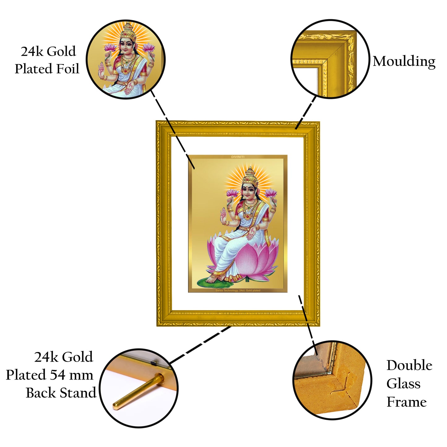 DIVINITI 24K Gold Plated Foil Aishwarya Lakshmi Wooden Luxurious Photo Frame Idol for Home Decor, Wall Hanging, Puja Room, Gift | DG101 Size 2 (22.6x18.4 CM)