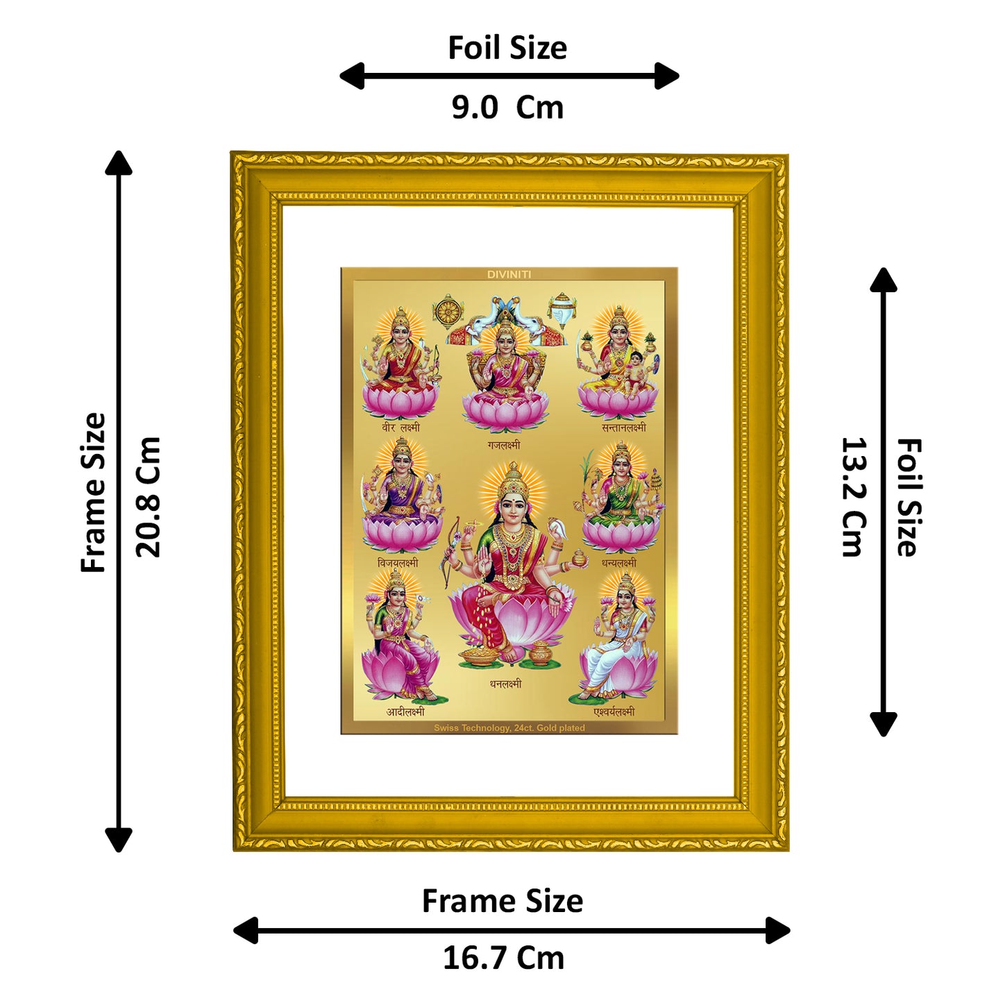 DIVINITI 24K Gold Plated Foil Ashtha Lakshmi Wooden Elegant Wall Photo Frame Idol for Puja Room, Home Decor, Luxury Gift | DG101 Size 2 (22.6x18.4 CM)