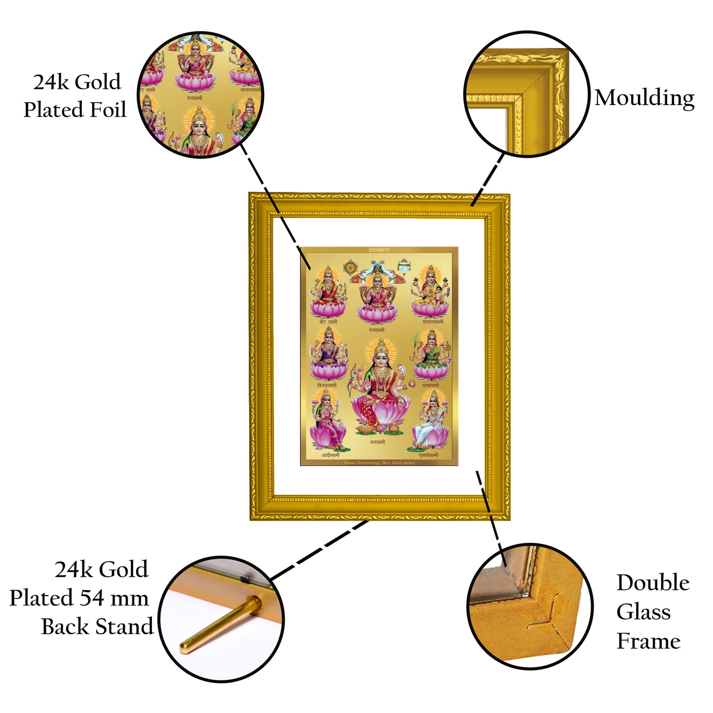 DIVINITI 24K Gold Plated Foil Ashtha Lakshmi Wooden Elegant Wall Photo Frame Idol for Puja Room, Home Decor, Luxury Gift | DG101 Size 2 (22.6x18.4 CM)