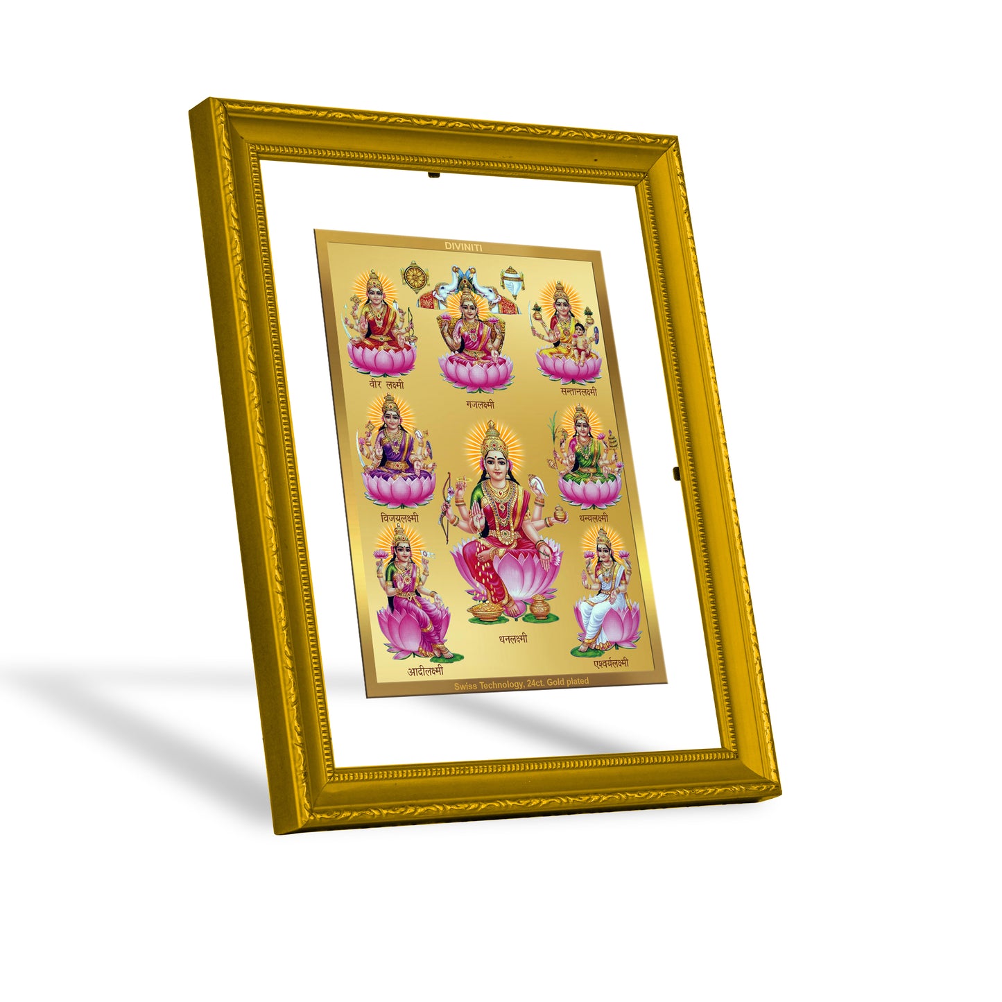 DIVINITI 24K Gold Plated Foil Ashtha Lakshmi Wooden Elegant Wall Photo Frame Idol for Puja Room, Home Decor, Luxury Gift | DG101 Size 2 (22.6x18.4 CM)