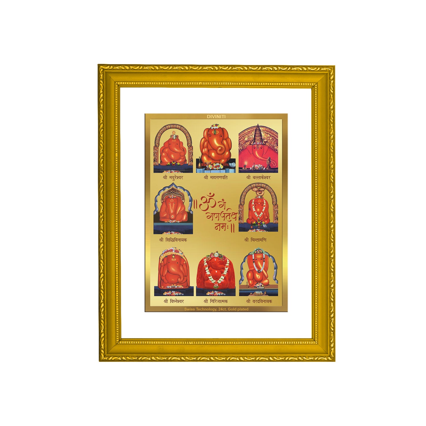 DIVINITI 24K Gold Plated Foil Ashtha Ganesha Exquisite Photo Frame Idol for Wall Hanging, Prayer, Luxury Gift|DG101 Size 2 (22.6x18.4 CM)