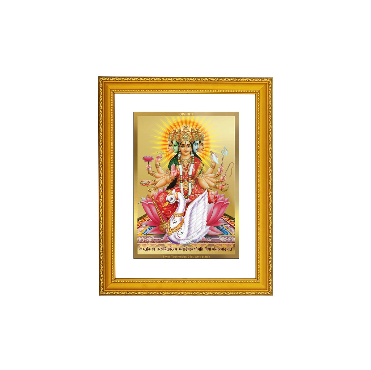 DIVINITI 24K Gold Plated Foil Gayatri Mata Wooden Wall Photo Frame Idol for Home & Office Decor, Workshop, Puja Room, Premium Gift | DG101 Size 2 (22.6x18.4 CM)