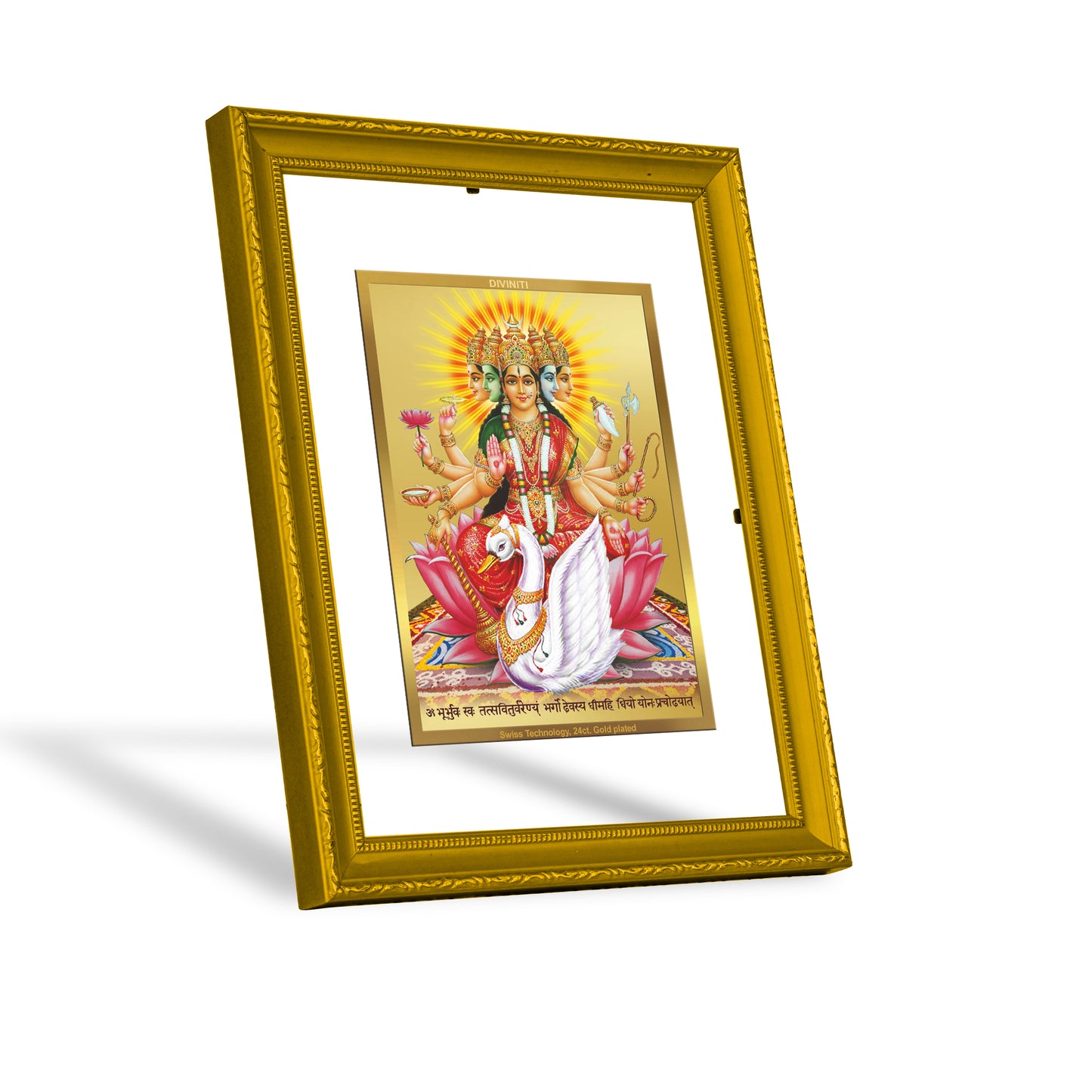 DIVINITI 24K Gold Plated Foil Gayatri Mata Wooden Wall Photo Frame Idol for Home & Office Decor, Workshop, Puja Room, Premium Gift | DG101 Size 2 (22.6x18.4 CM)