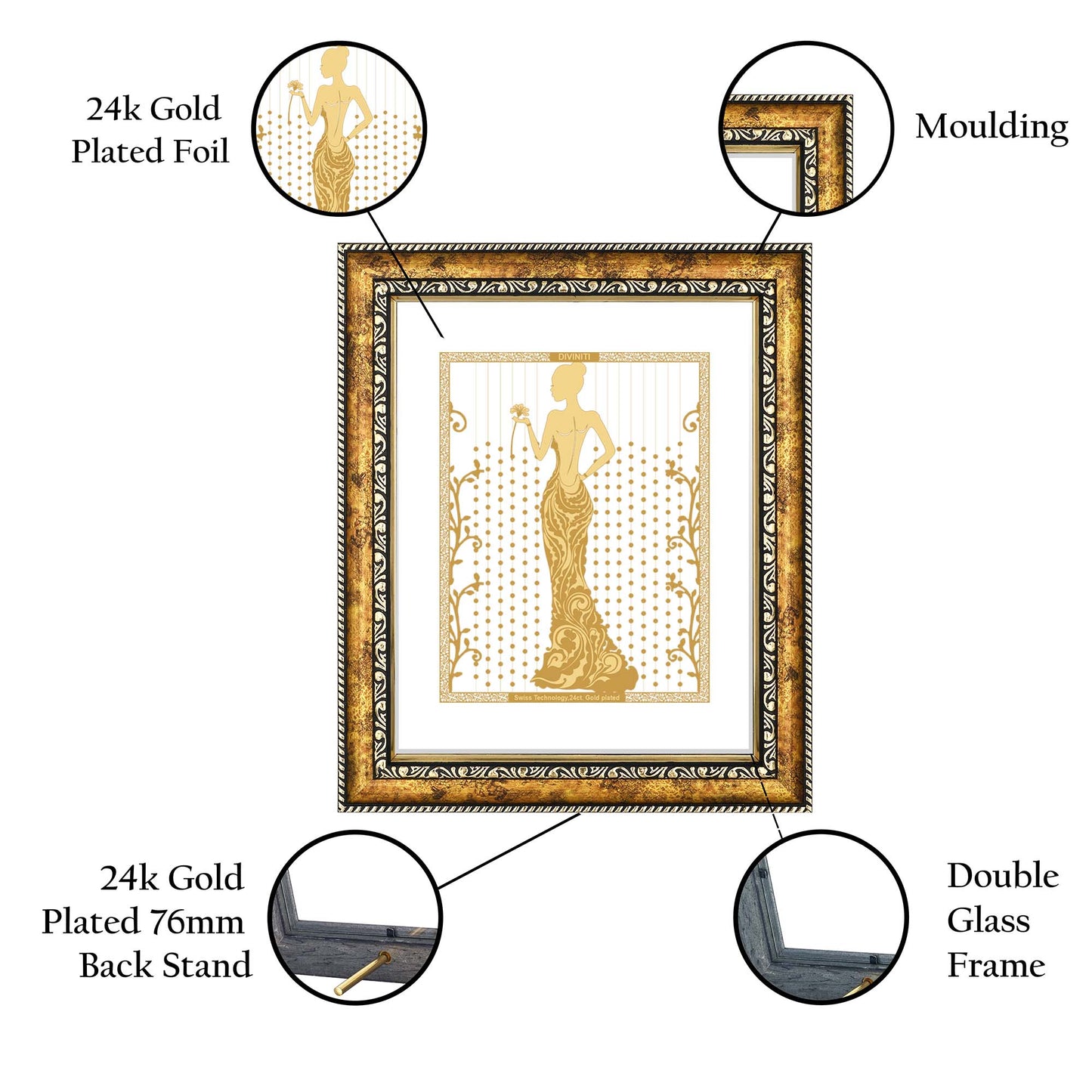 Diviniti 24K Gold Plated Lady Photo Frame for Home Décor, Wall Hanging, Living Room, Hall, Guest Room, Showpiece & Gift DG113S3 (27.6X35.4 CM)