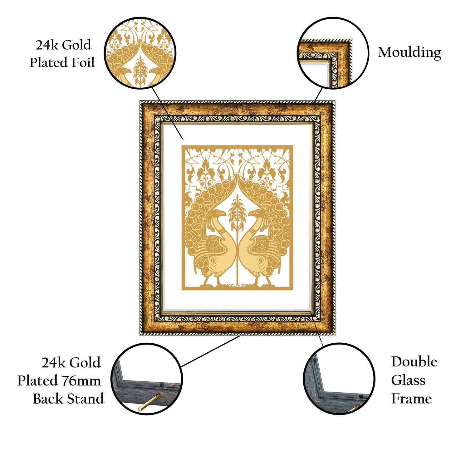 Diviniti 24K Gold Plated Peacock Couple Photo Frame for Home Décor, Wall Hanging, Living Room, Hall, Guest Room, Showpiece & Gift DG113S3 (27.6X35.4 CM)