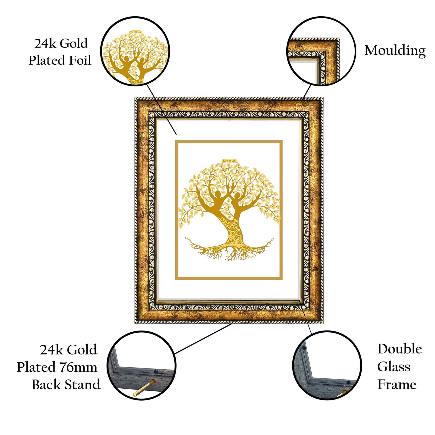 Diviniti 24K Gold Plated Tree of Life Photo Frame for Home Décor, Wall Hanging, Living Room, Hall, Guest Room, Showpiece & Gift DG113S3 (27.6X35.4 CM)