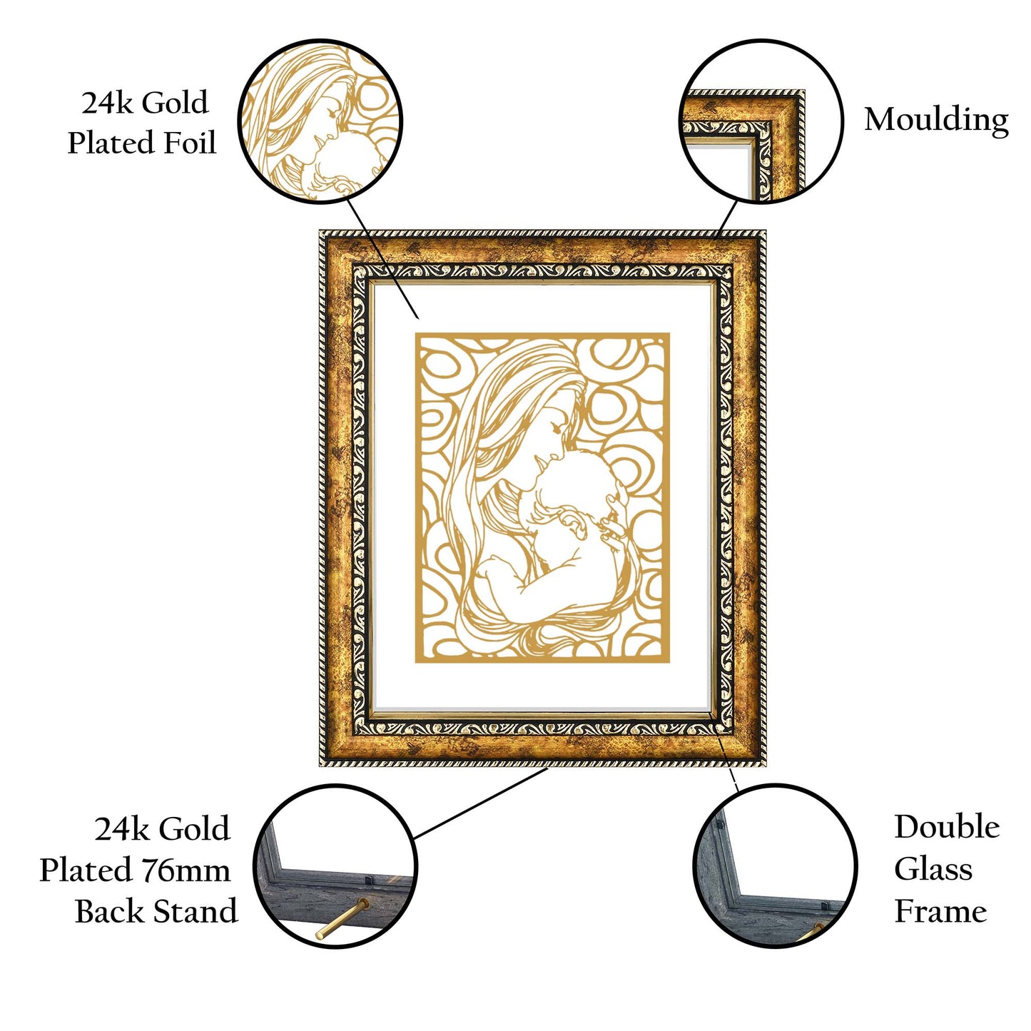 Diviniti 24K Gold Plated Mother Love Photo Frame for Home Décor, Wall Hanging, Living Room, Hall, Guest Room, Showpiece & Gift DG113S3 (27.6X35.4 CM)