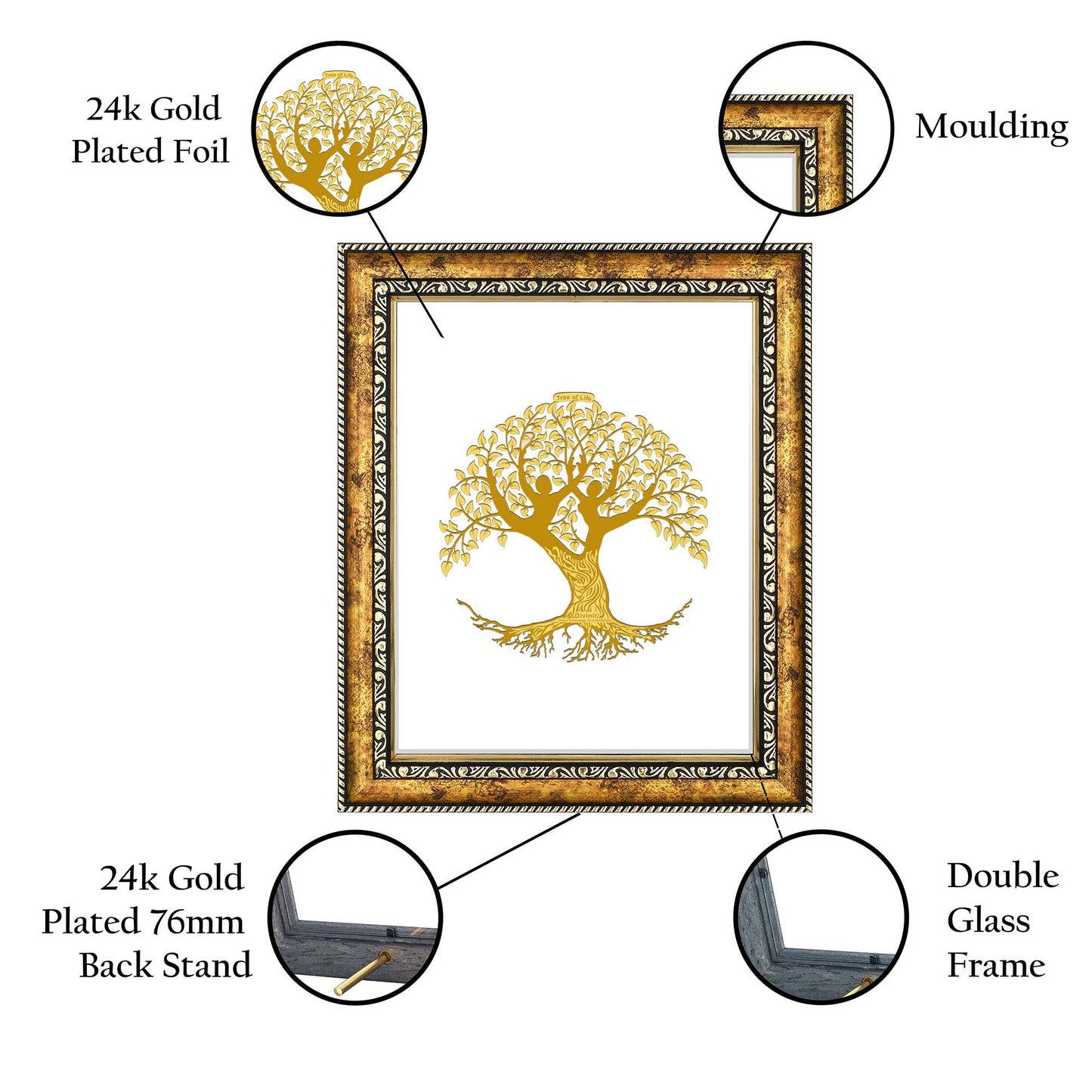 Diviniti 24K Gold Plated Tree of Life Photo Frame for Home Décor, Wall Hanging, Living Room, Hall, Guest Room, Showpiece & Gift DG113S3 (27.6X35.4 CM)