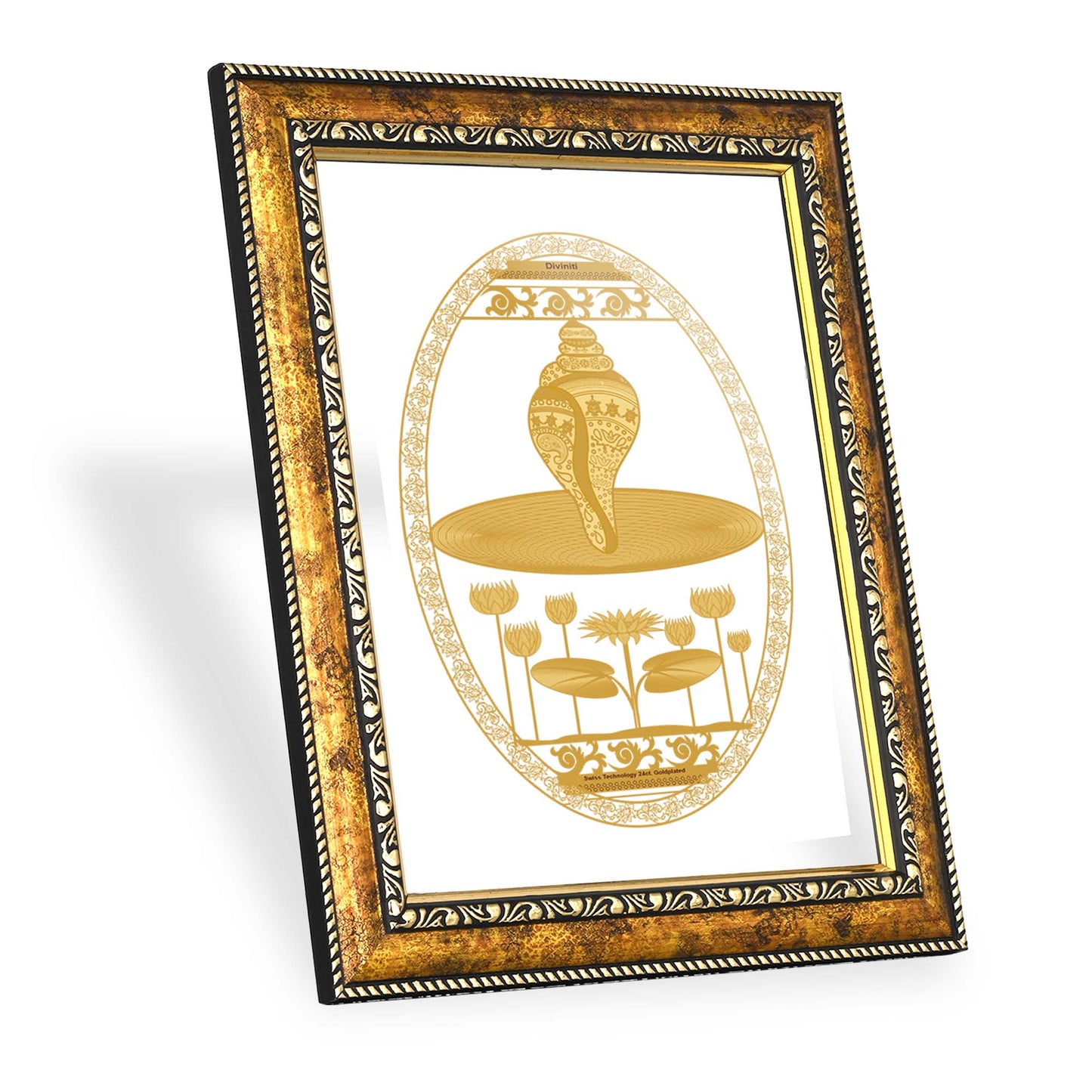 Diviniti 24K Gold Plated Shankh Photo Frame for Home Décor, Wall Hanging, Living Room, Hall, Guest Room, Showpiece & Gift DG113S3 (27.6X35.4 CM)