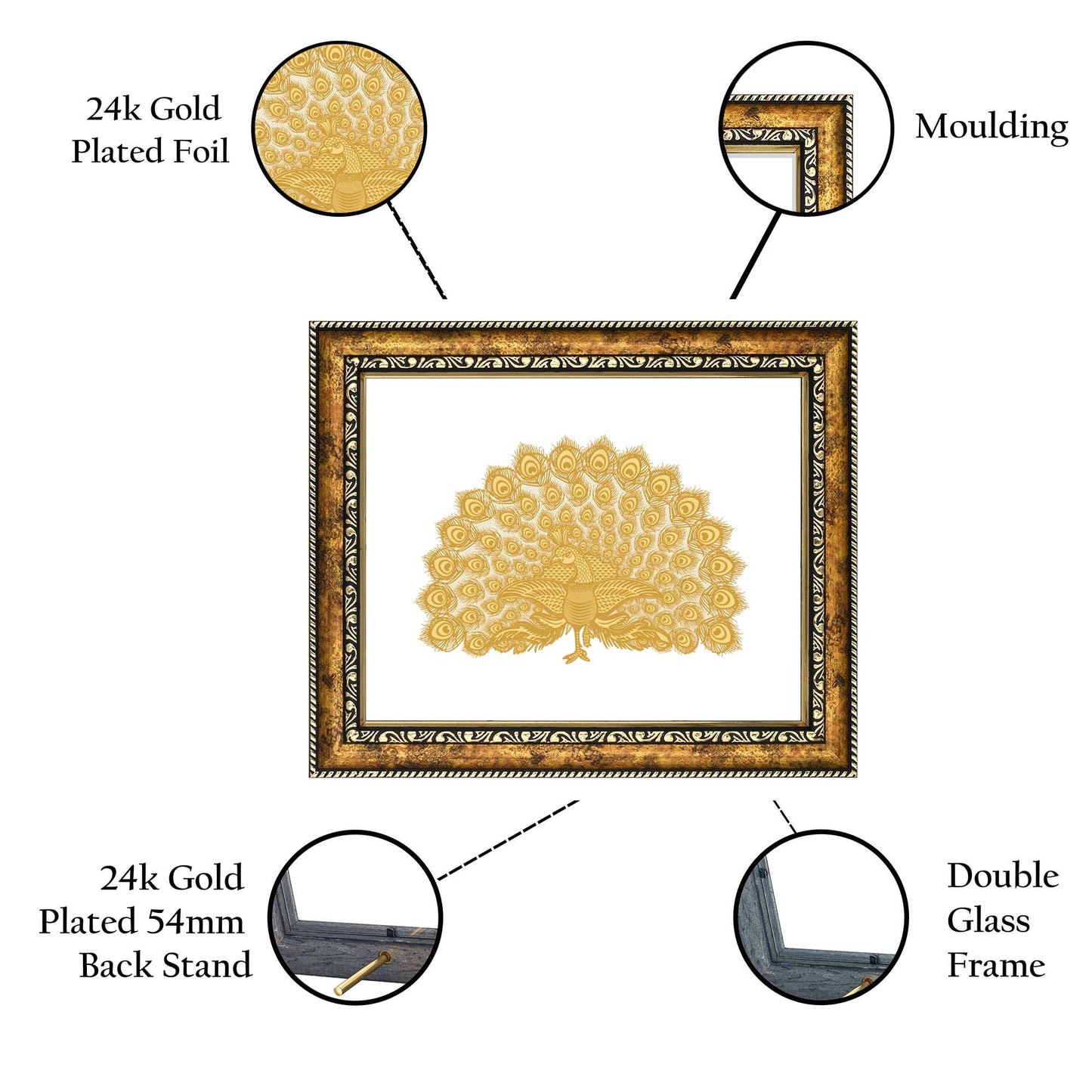 Diviniti 24K Gold Plated Peacock Photo Frame for Home Décor, Wall Hanging, Living Room, Hall, Guest Room, Showpiece & Gift DG113S3 (27.6X35.4 CM)