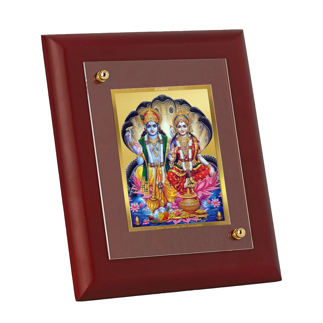 DIVINITI 24K Gold Plated Foil Lord Vishnu Laxmi Wooden Classic Photo Frame Idol for Wall Hinging, Home Decor, Table Top, Puja Room, Gift | MDF Size 1 (16.7x14.2 CM)