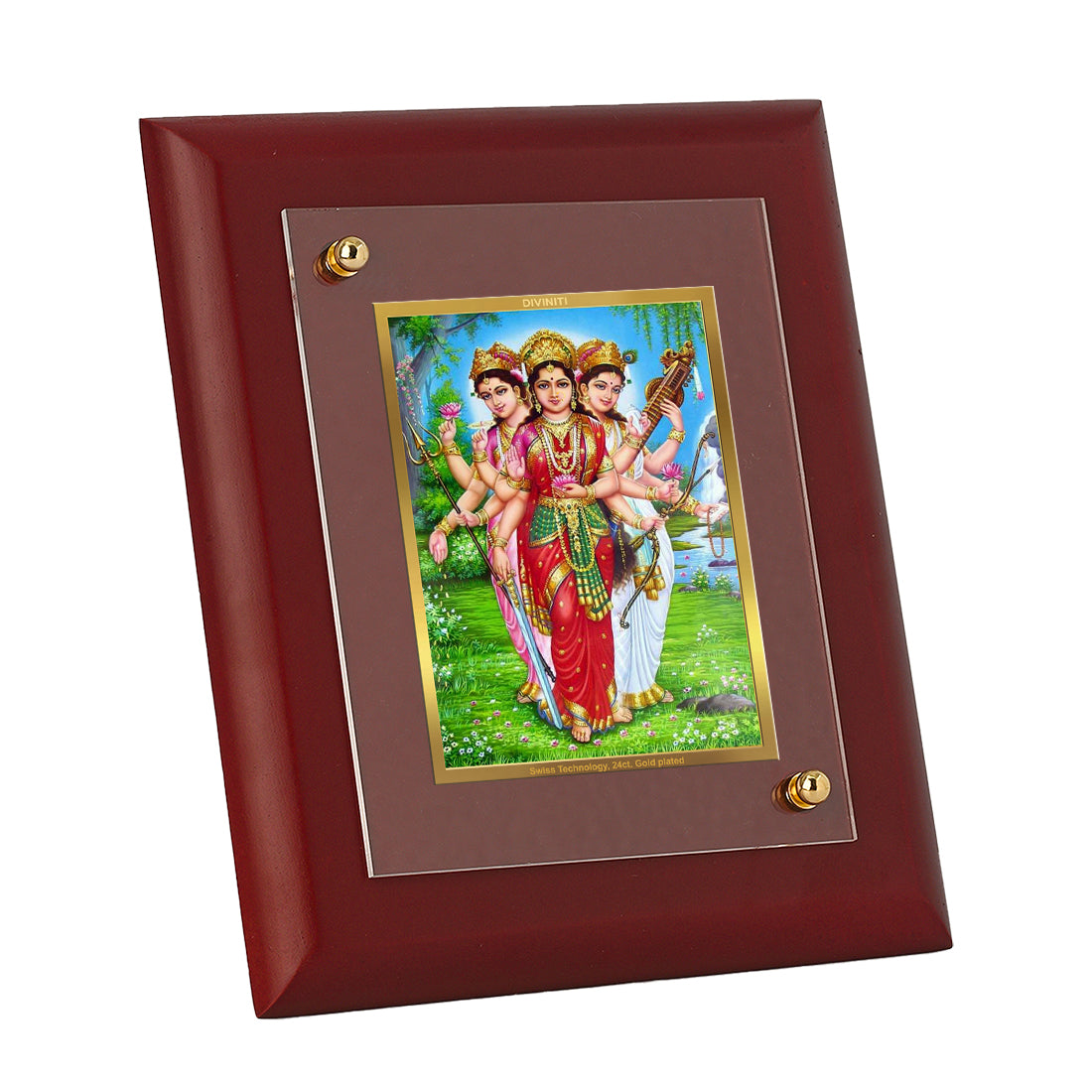 DIVINITI 24K Gold Plated Foil Goddess Teen Devi Elegant Photo Frame Idol for Home Wall Decor, Table Top, Gift|MDF Size 1 (16.7x14.2 CM)