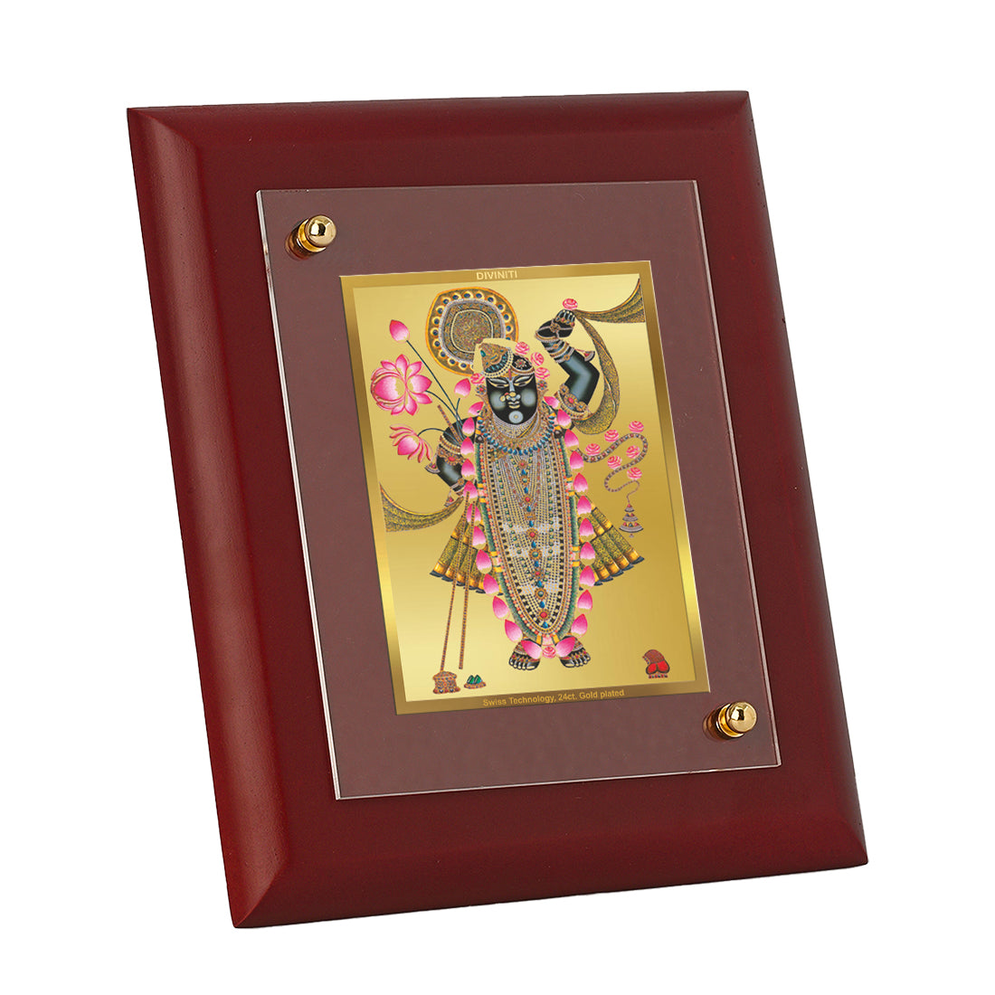 DIVINITI 24K Gold Plated Foil Shrinathji Wooden Elegant Wall Photo Frame Idol for Table Top, Home & Office Decor, Puja Room, Gift | MDF Size 1 (16.7x14.2 CM)