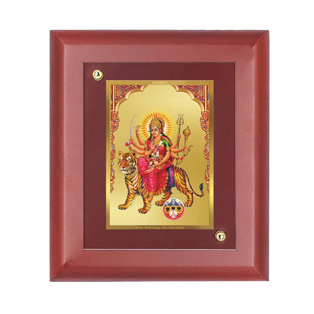 DIVINITI 24K Gold Plated Foil Goddess Durga Elegant Wall Photo Frame Idol for Home & Office Decor, Table Top, Puja Room, Gift|MDF Size 1 (16.7x14.2 CM)