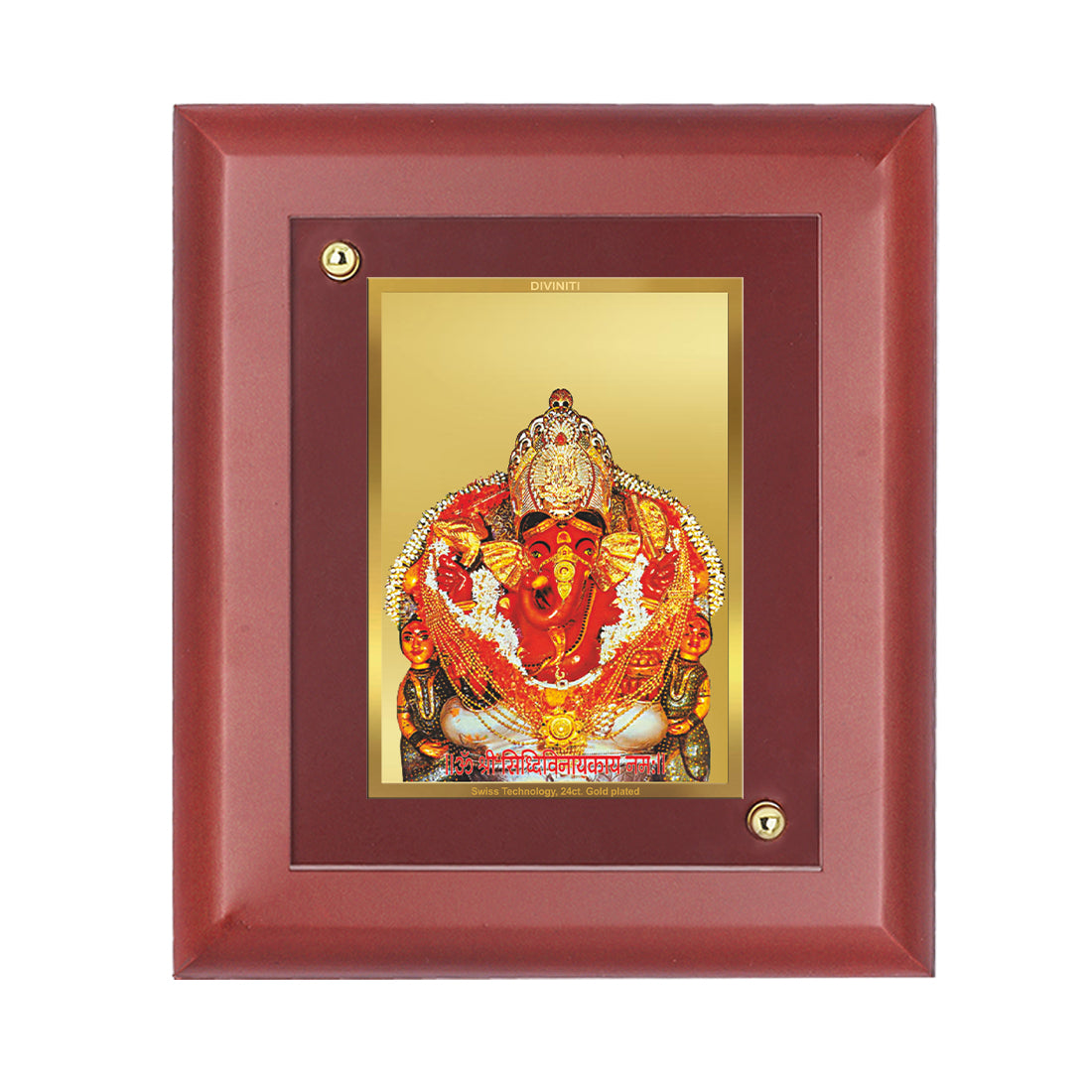 DIVINITI 24K Gold Plated Foil Siddhivinayak Wooden Traditional Wall Photo Frame Idol for Home Decor, Table Top, Puja Room, Gift | MDF Size 1 (16.7x14.2 CM)