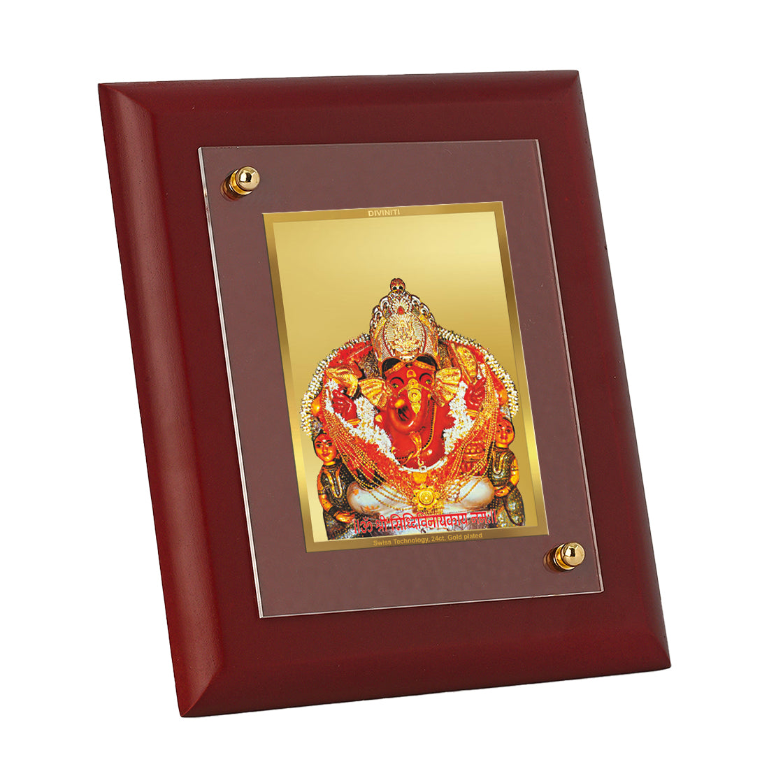 DIVINITI 24K Gold Plated Foil Siddhivinayak Wooden Traditional Wall Photo Frame Idol for Home Decor, Table Top, Puja Room, Gift | MDF Size 1 (16.7x14.2 CM)