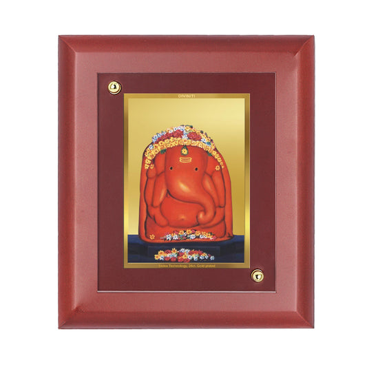 DIVINITI 24K Gold Plated Foil Shri Vighneshwara Wooden Elegant Photo Frame Idol for Home Decor, Wall Decor, Table Top, Luxury Gift | MDF Size 1 (16.7x14.2 CM)