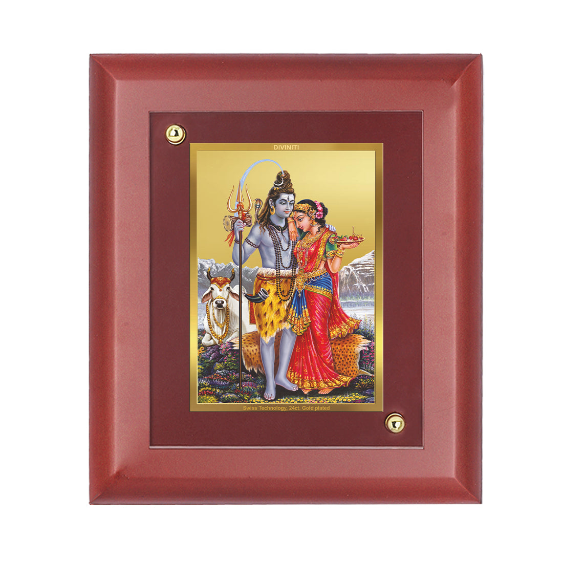 DIVINITI 24K Gold Plated Foil Shiv Parvati Wooden Luxurious Photo Frame Idol for Wall Decor, Workshop, Puja Room, Table Top, Gift | MDF Size 1 (16.7x14.2 CM)