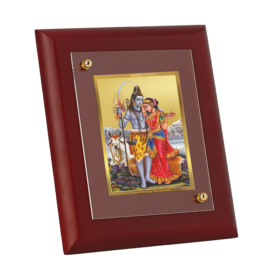 DIVINITI 24K Gold Plated Foil Shiv Parvati Wooden Luxurious Photo Frame Idol for Wall Decor, Workshop, Puja Room, Table Top, Gift | MDF Size 1 (16.7x14.2 CM)