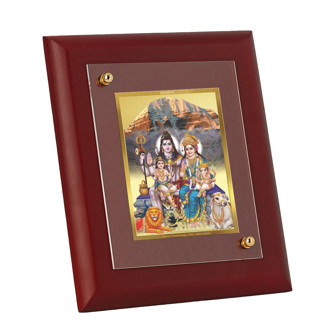 DIVINITI 24K Gold Plated Foil Shiv Parivar Wooden Classic Photo Frame Idol for Puja Room, Home Decor, Table Top, Wall Decor, Gift | MDF Size 1 (16.7x14.2 CM)