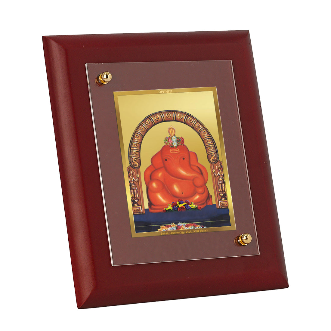 DIVINITI 24K Gold Plated Foil Shree Mayureshwar Ganpati Wooden Classic Wall Photo Frame Idol for Puja Room, Home Decor, Table Top, Gift | MDF Size 1 (16.7x14.2 CM)