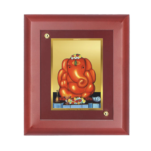 DIVINITI 24K Gold Plated Foil Shree Maha Ganpati Elephant Face Wooden Wall Photo Frame Idol for Puja Room, Home Decor, Table Top, Gift | MDF Size 1 (16.7x14.2 CM)