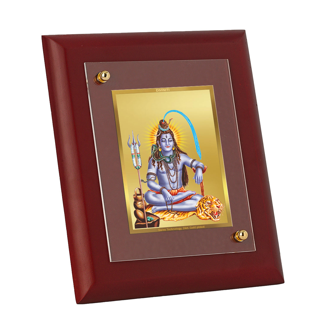 DIVINITI 24K Gold Plated Foil Lord Shiv Wooden Classic Photo Frame Idol for Home Wall Decor, Workshop, Table Top, Puja Room, Gift | MDF Size 1 (16.7x14.2 CM)