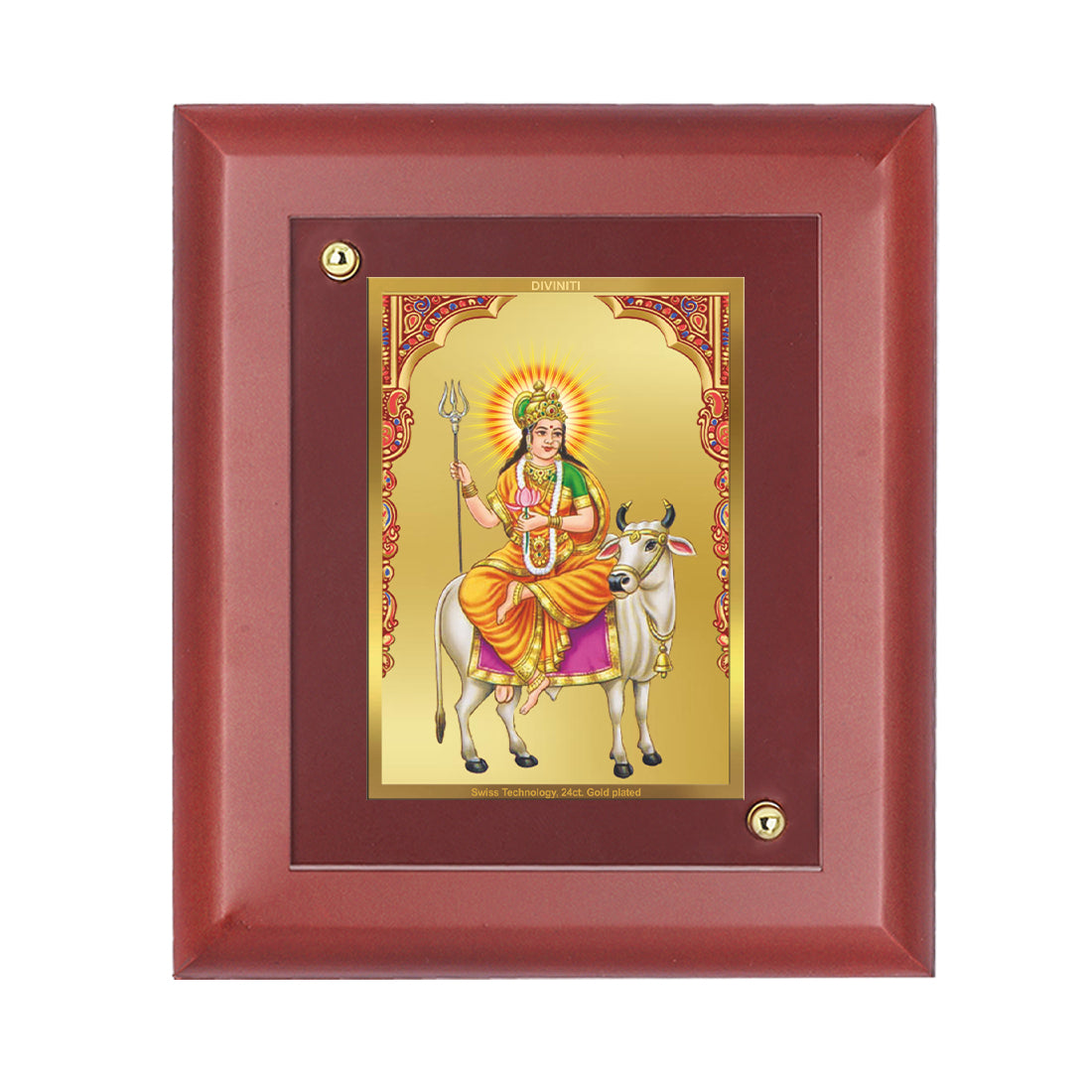 DIVINITI 24K Gold Plated Foil Shailputri Mata Photo Frame Idol for Wall Hanging, Home Decor, Table Top, Festival, Gift|MDF Size 1 (16.7x14.2 CM)