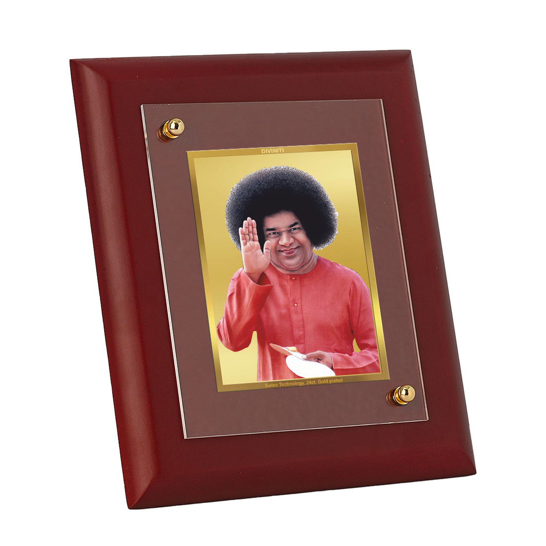 DIVINITI 24K Gold Plated Foil Sathya Sai Baba Wooden Luxurious Wall Photo Frame Idol for Puja Room, Home Decor, Table Top, Gift | MDF Size 1 (16.7x14.2 CM)